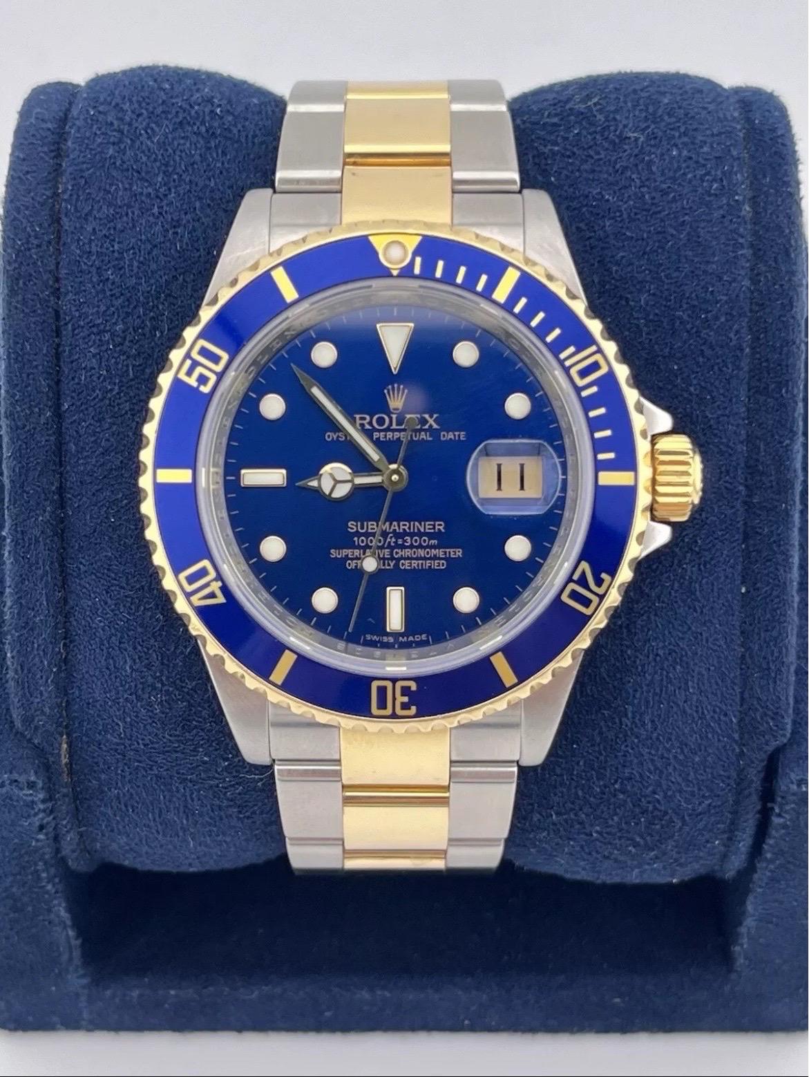 Rolex Submariner 16613 REHAUT Two-Tone 18K Steel Date 40mm BLUE NO-HOLES Watch For Sale 1