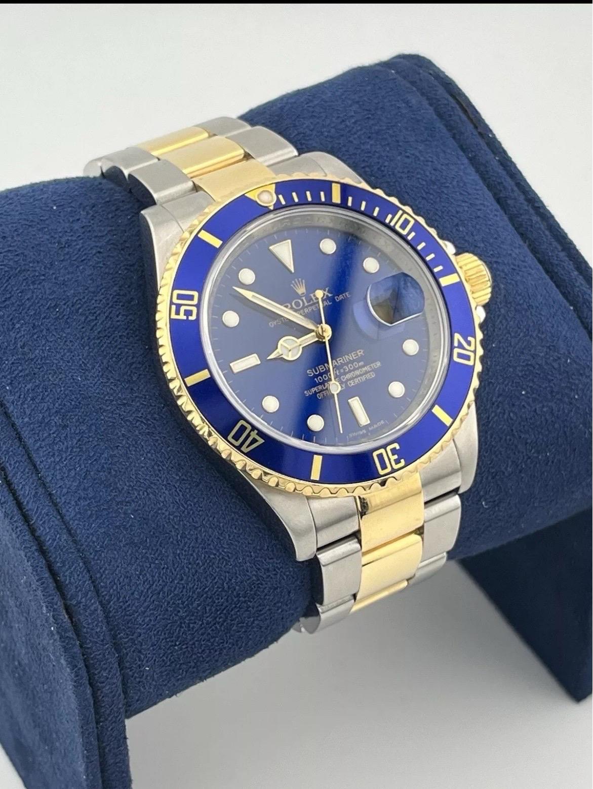 Rolex Submariner 16613 REHAUT Two-Tone 18K Steel Date 40mm BLUE NO-HOLES Watch For Sale 2