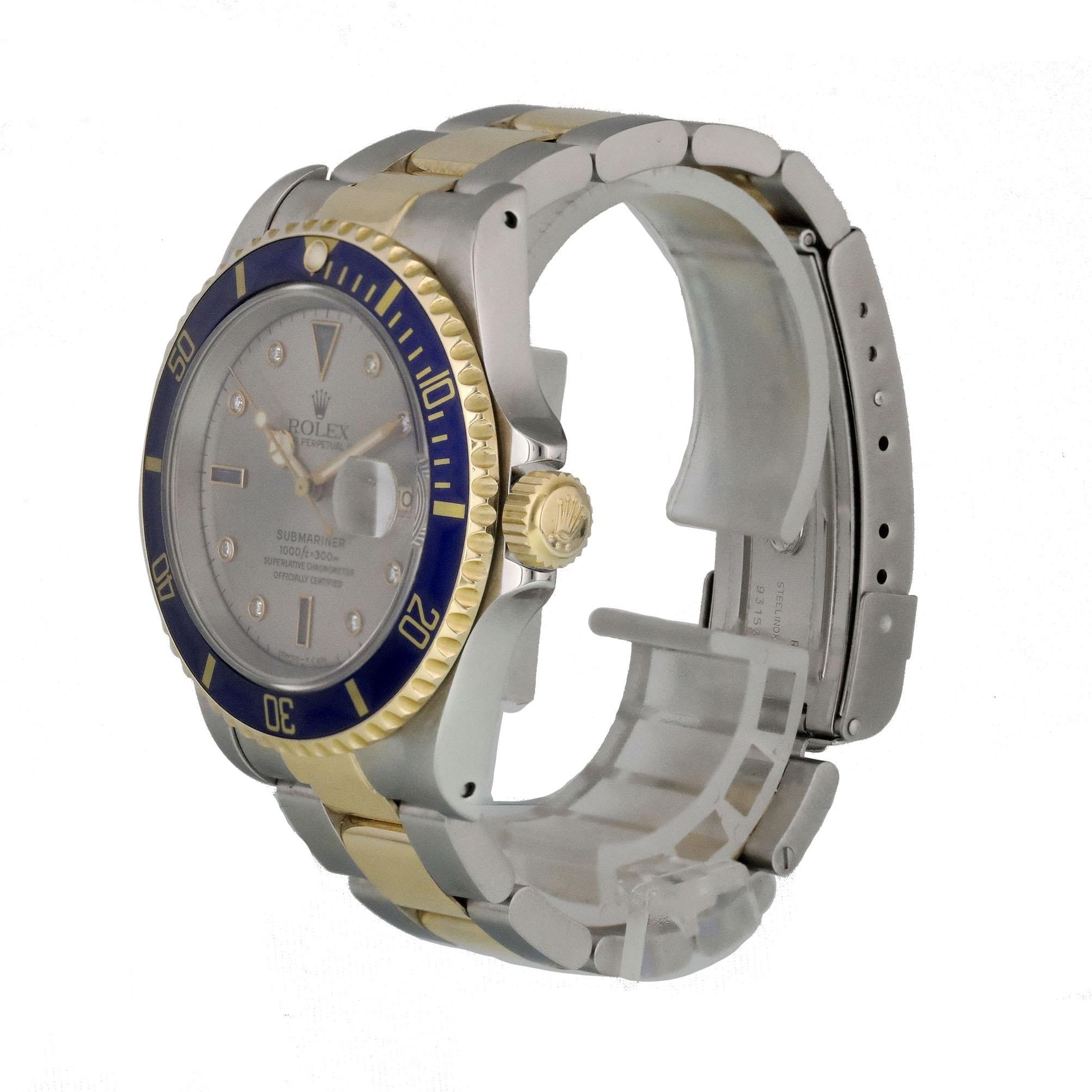 Rolex Submariner 16613 Serti Dial Men Watch. 
40 mmmm Stainless Steel case. 
Yellow Gold Unidirectional bezel With black bezel insert. 
Silver Serti dial with Luminous gold hands, factory set diamond and gem hour markers. 
Minute markers on the