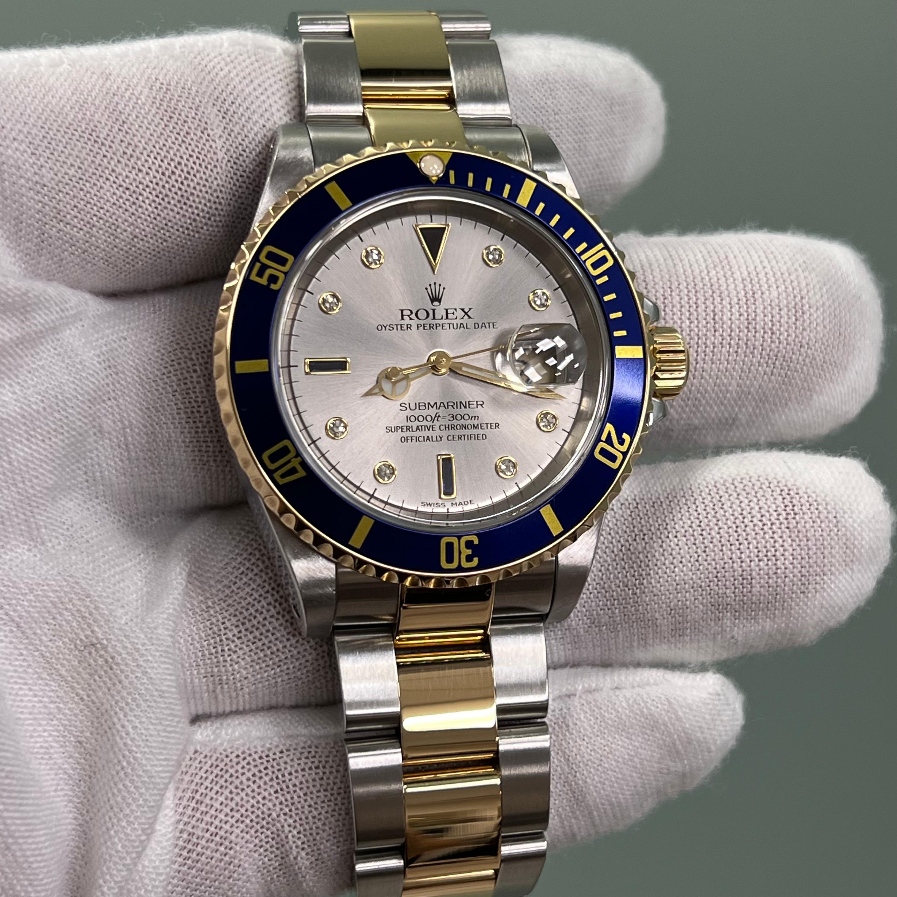 Rolex Submariner 16613 Silver Serti Dial 18K Yellow Gold Stainless Steel 40mm 6