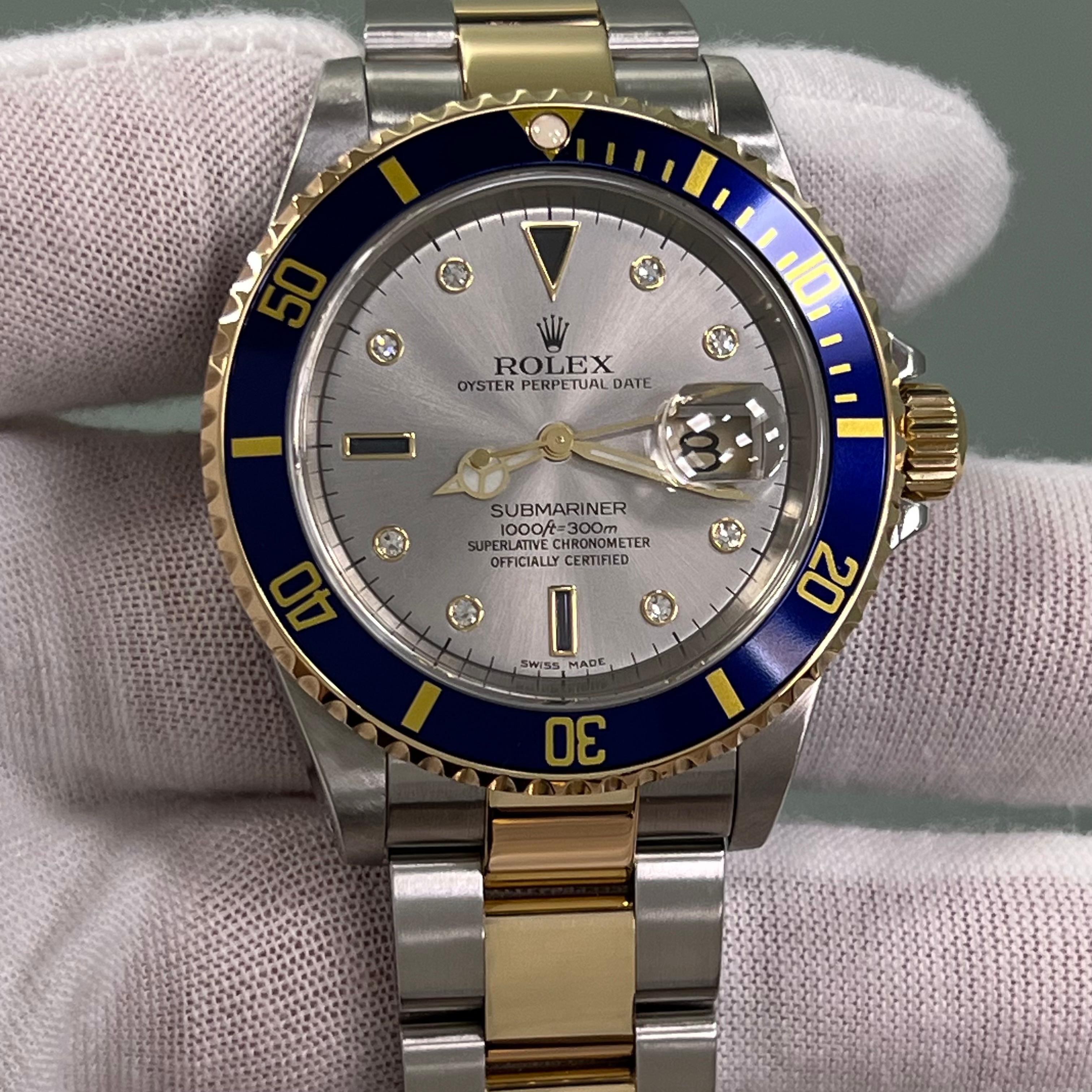 Rolex Submariner 16613 Silver Serti Dial 18K Yellow Gold Stainless Steel 40mm 8