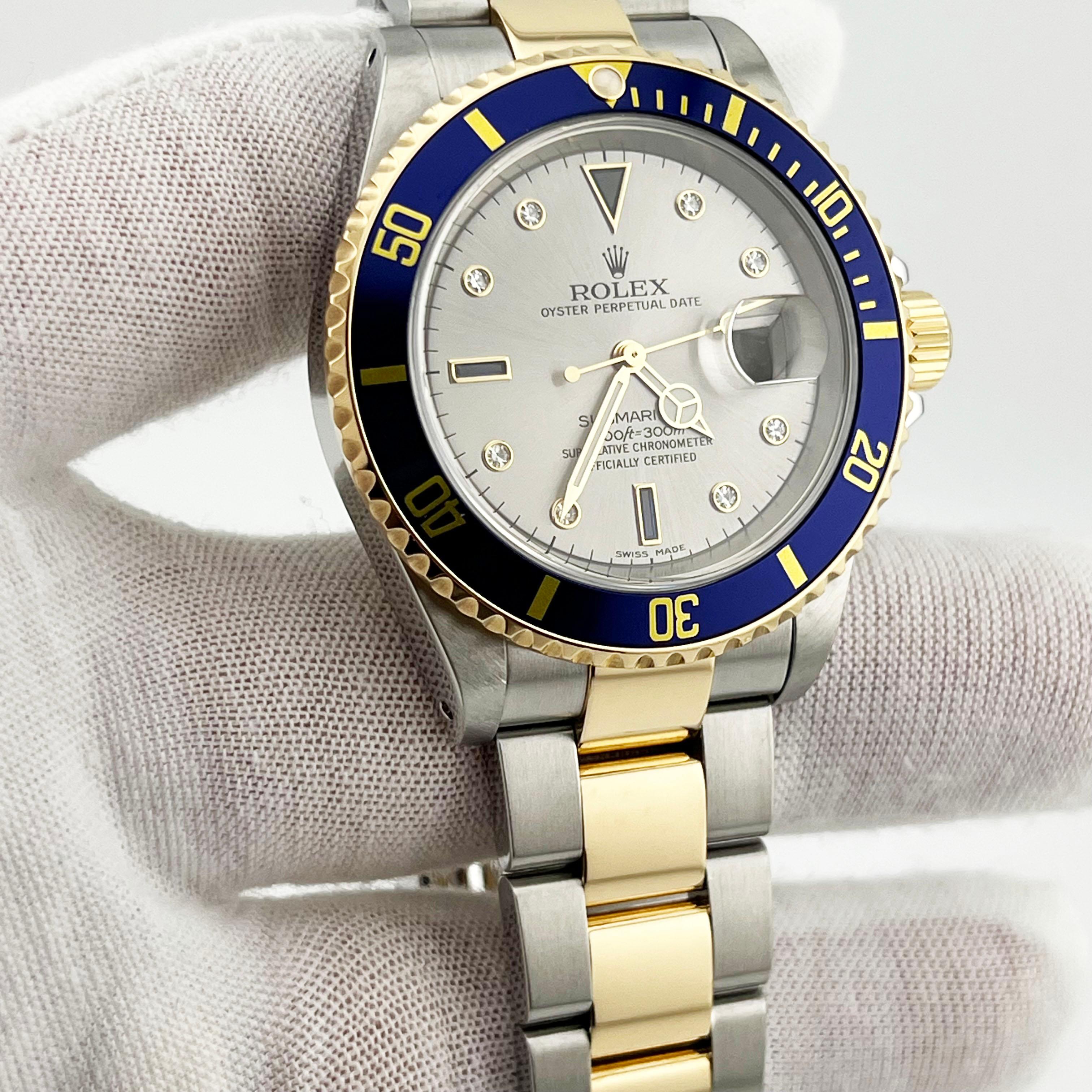 Rolex Submariner 16613 Silver Serti Dial 18K Yellow Gold Stainless Steel 40mm In Excellent Condition In San Diego, CA