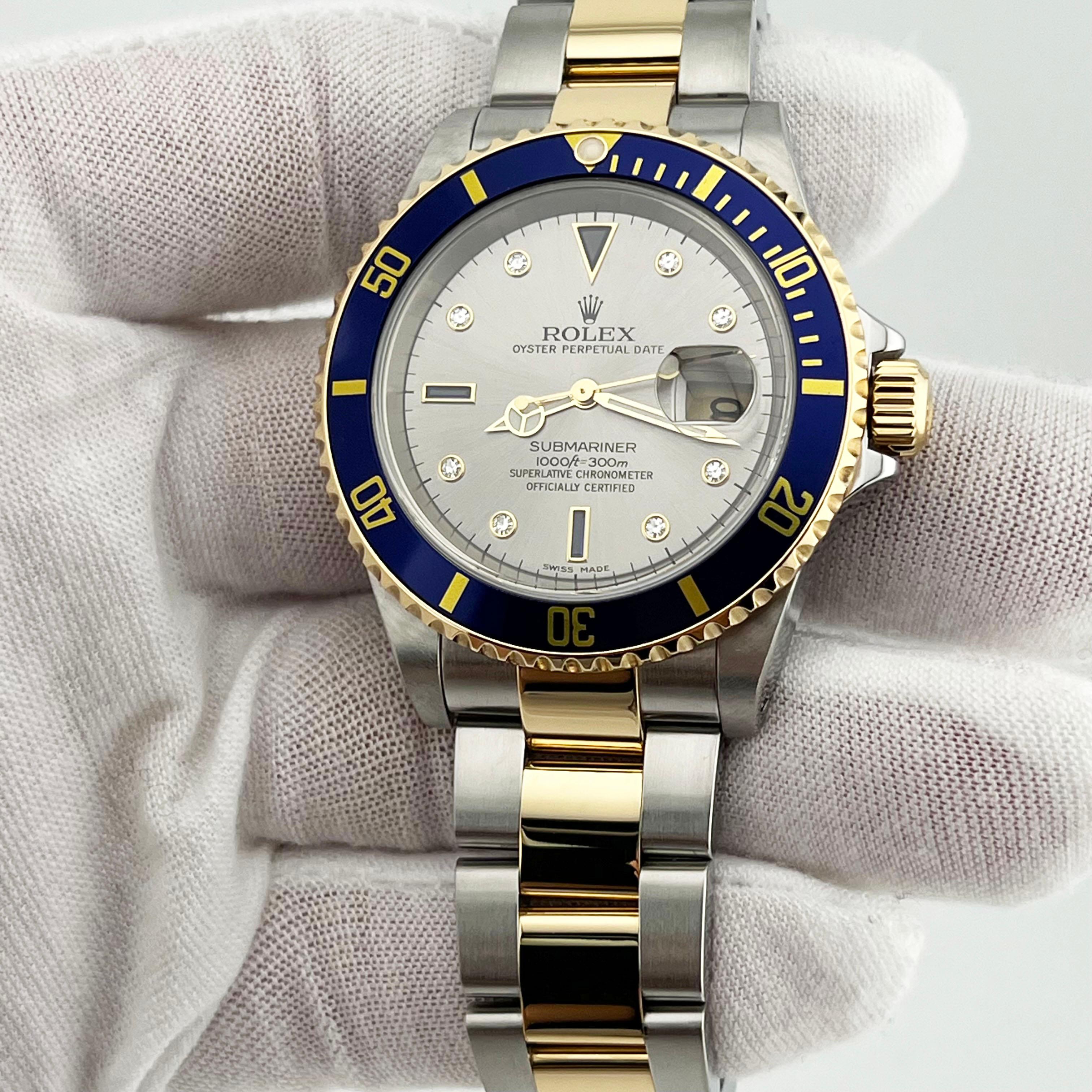 Men's Rolex Submariner 16613 Silver Serti Dial 18K Yellow Gold Stainless Steel 40mm