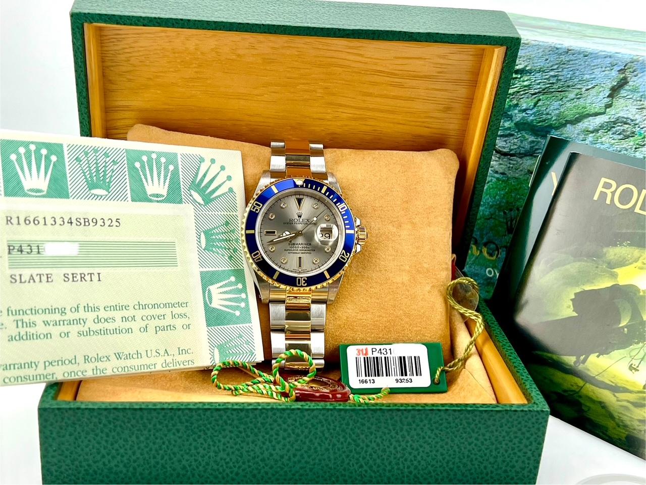 Numero di stile: 16613

Seriale: P431***

Anno: 2001

Model: Rolex Submariner 

Materiale della cassa: Acciaio inossidabile 

Fascia: oro giallo 18 carati e acciaio inossidabile 

Lunetta: blu 

Quadrante: Quadrante in ardesia di fabbrica con