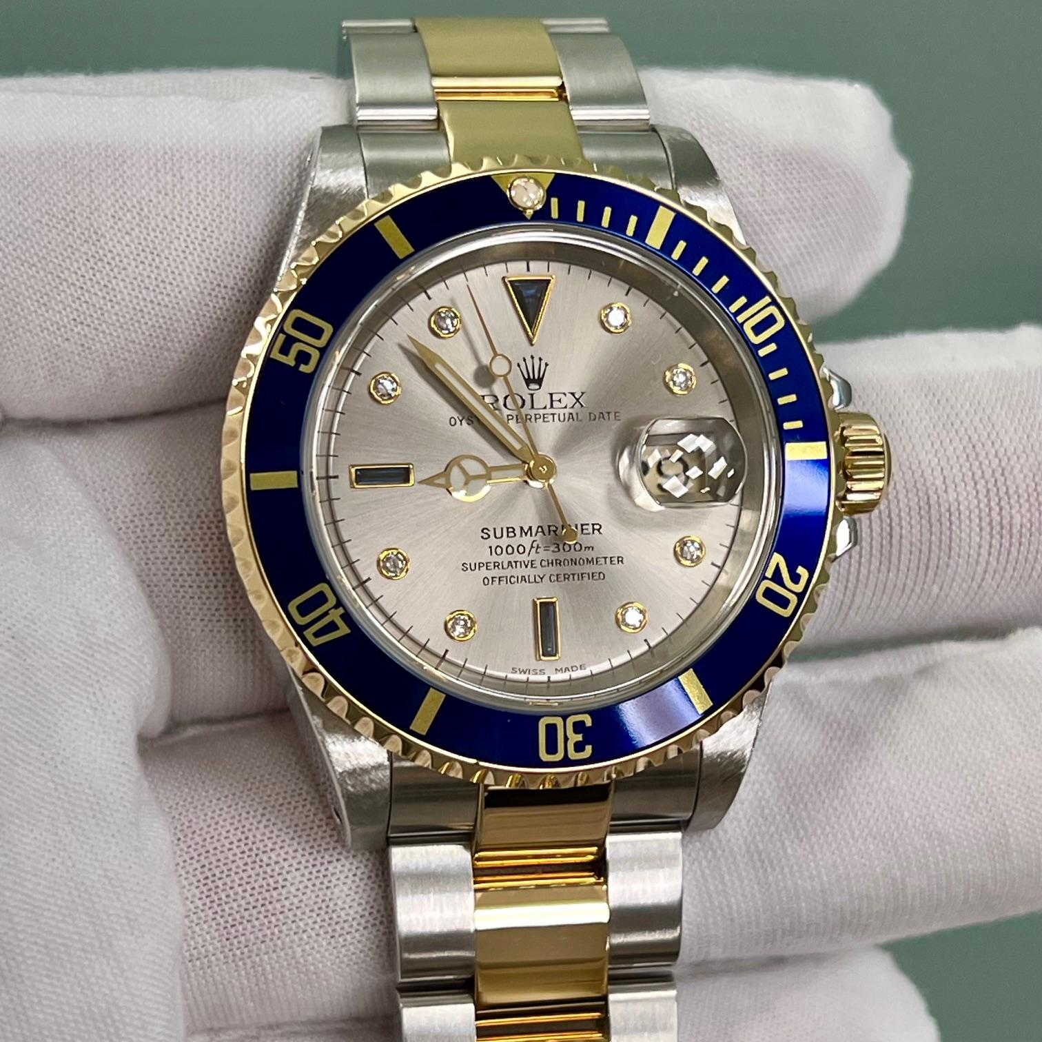 Uomo Rolex Submariner 16613 Ardesia Serti Quadrante Diamante Oro 18K Acciaio Scatola Carta 2001 in vendita