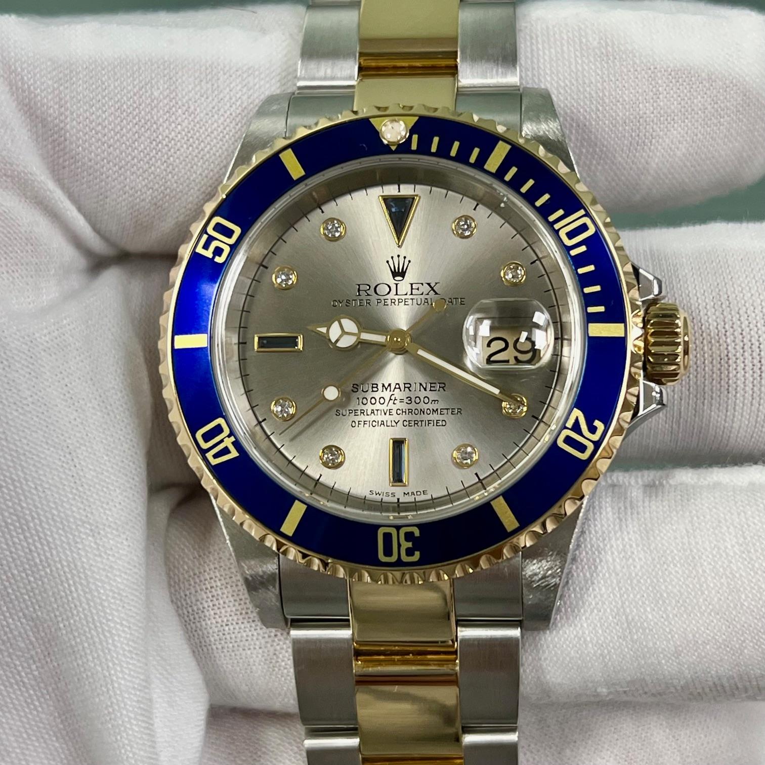 Rolex Submariner 16613 Ardesia Serti Quadrante Diamante Oro 18K Acciaio Scatola Carta 2001 in vendita 1