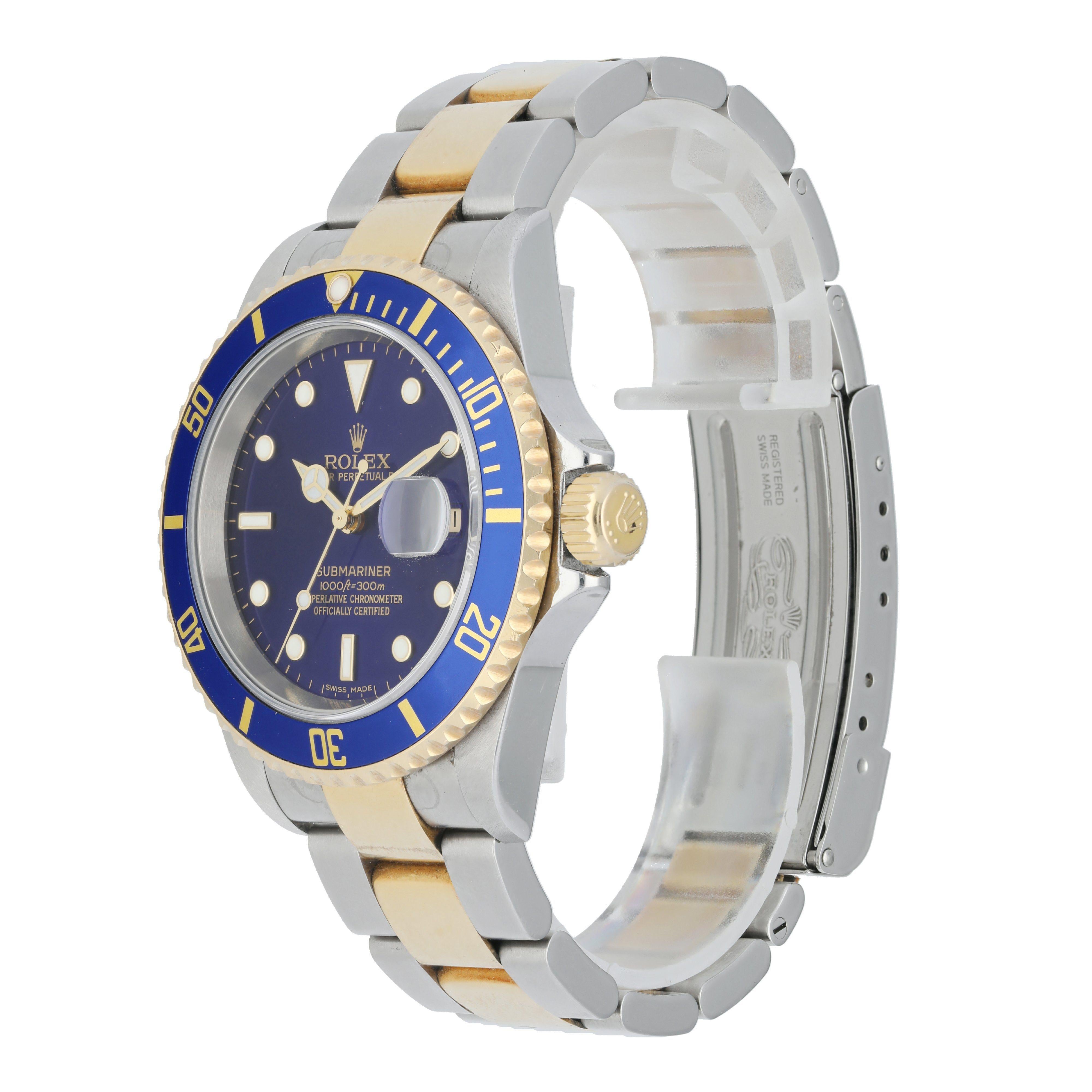 Rolex Submariner 16613T Men Watch. 
40mm Stainless Steel case. 
18k yellow gold bezel with blue insert.
Blue dial with luminous gold hands and luminous dot hour markers. 
Date display at the 3 o'clock position. 
Oyster two-tone Bracelet with