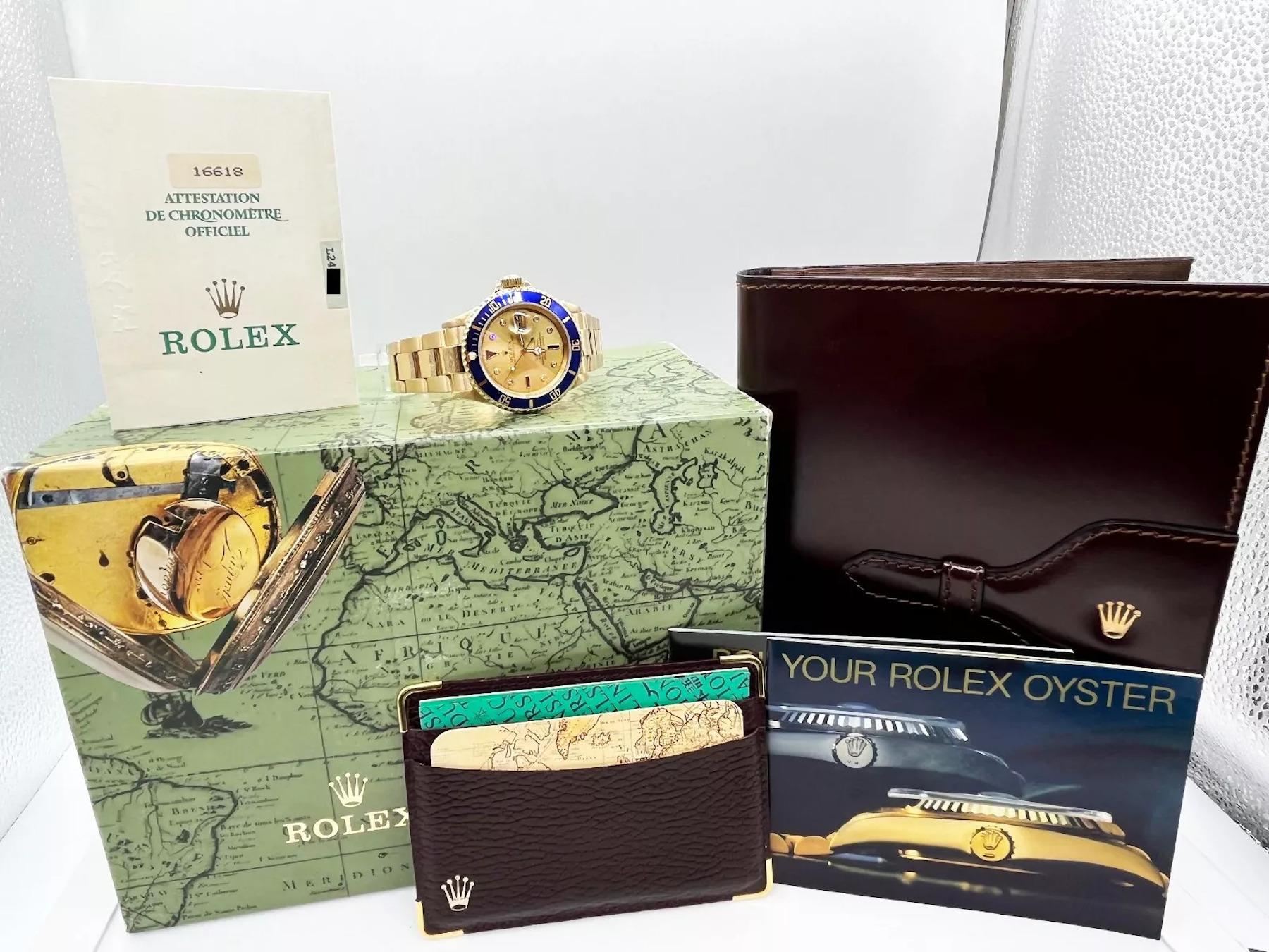 Round Cut Rolex Submariner 16618 18K Yellow Gold Champagne Serti Dial Box Papers For Sale