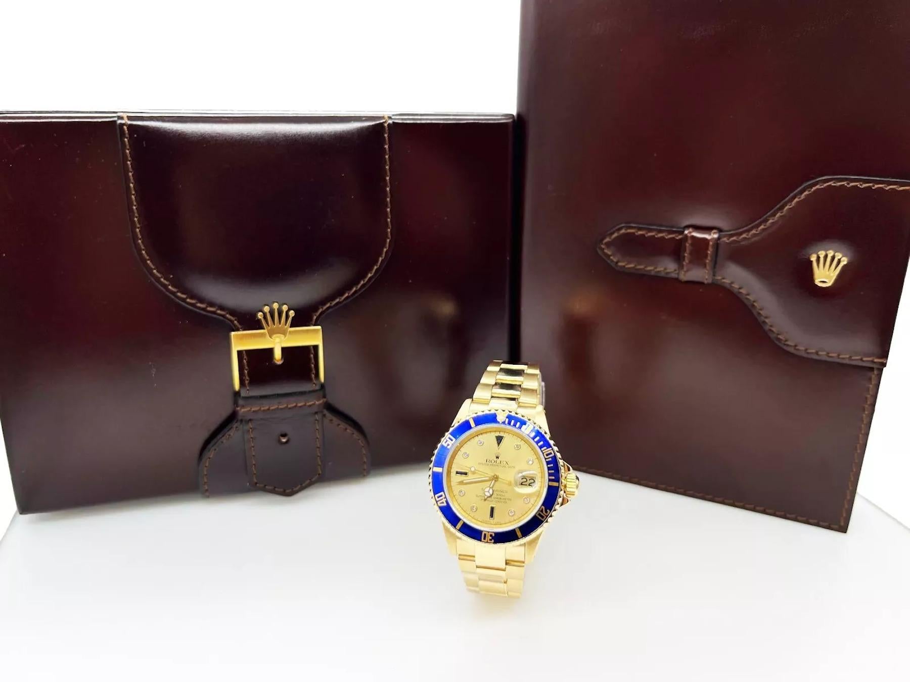 Rolex Submariner 16618 18K Yellow Gold Champagne Serti Dial Box Papers In Excellent Condition For Sale In San Diego, CA