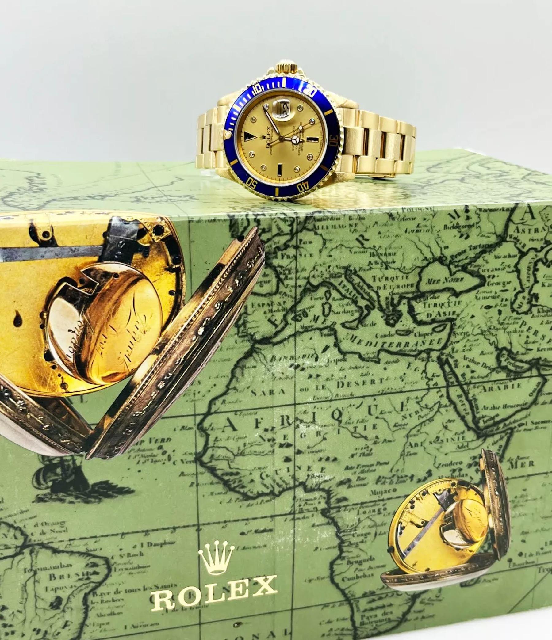 Men's Rolex Submariner 16618 18K Yellow Gold Champagne Serti Dial Box Papers For Sale