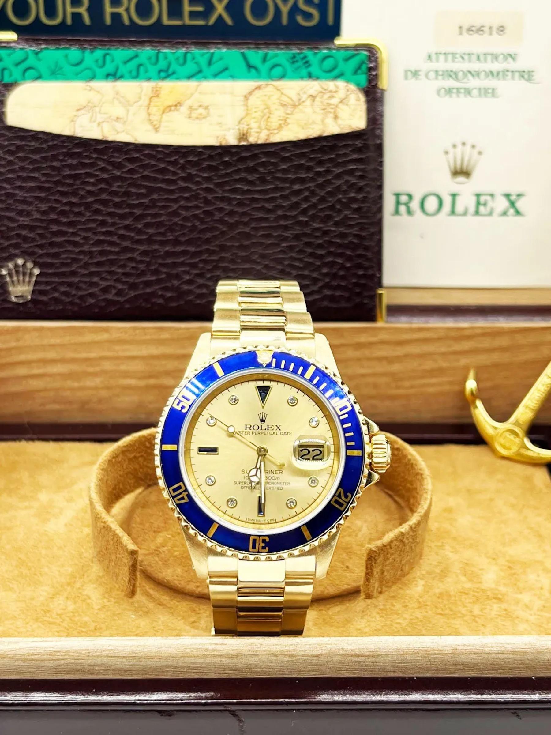 Rolex Submariner 16618 18K Yellow Gold Champagne Serti Dial Box Papers For Sale 1