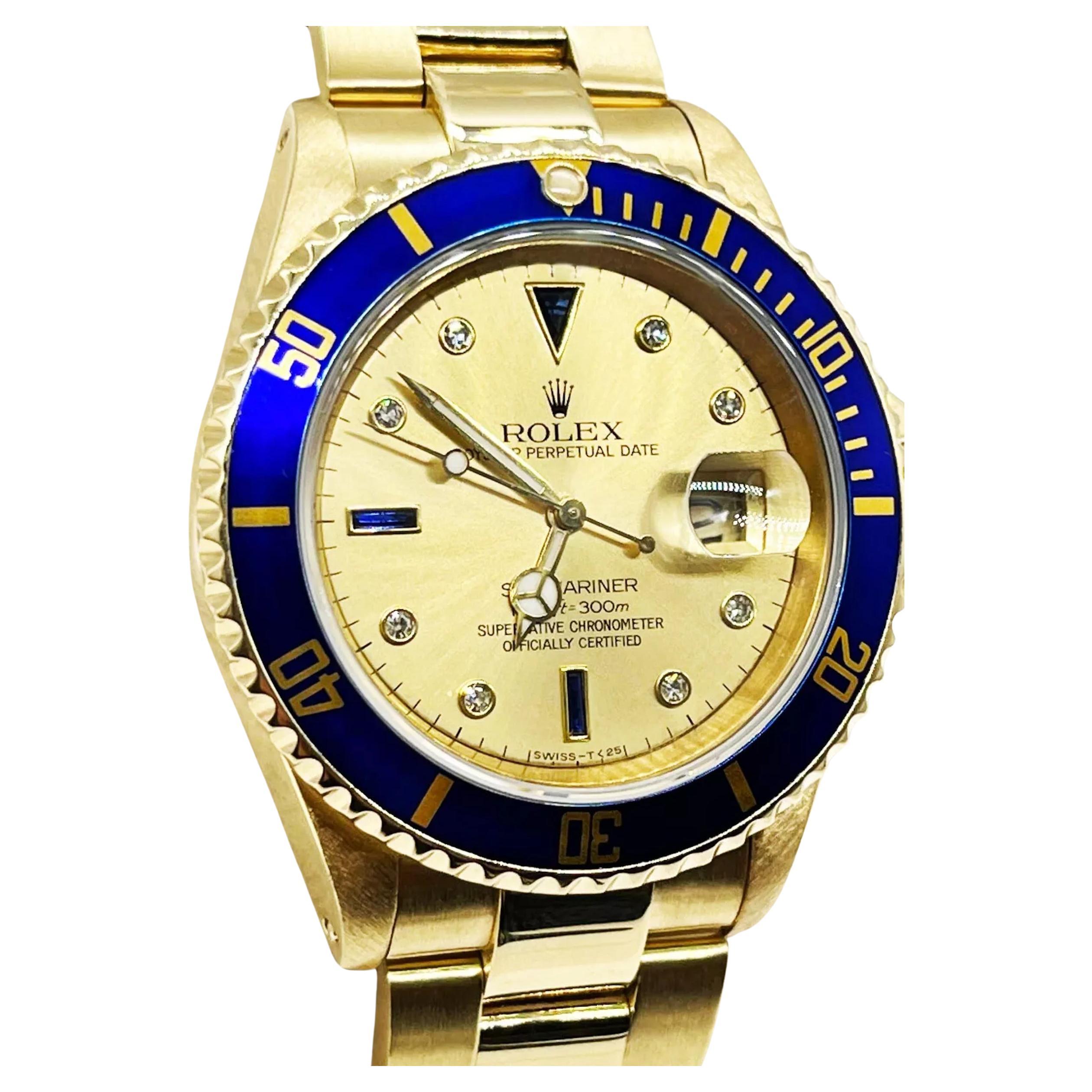 Rolex Submariner 16618 18K Yellow Gold Champagne Serti Dial Box Papers