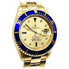 Used Rolex Submariner 16618 18K Yellow Gold Champagne Serti Dial Box Papers