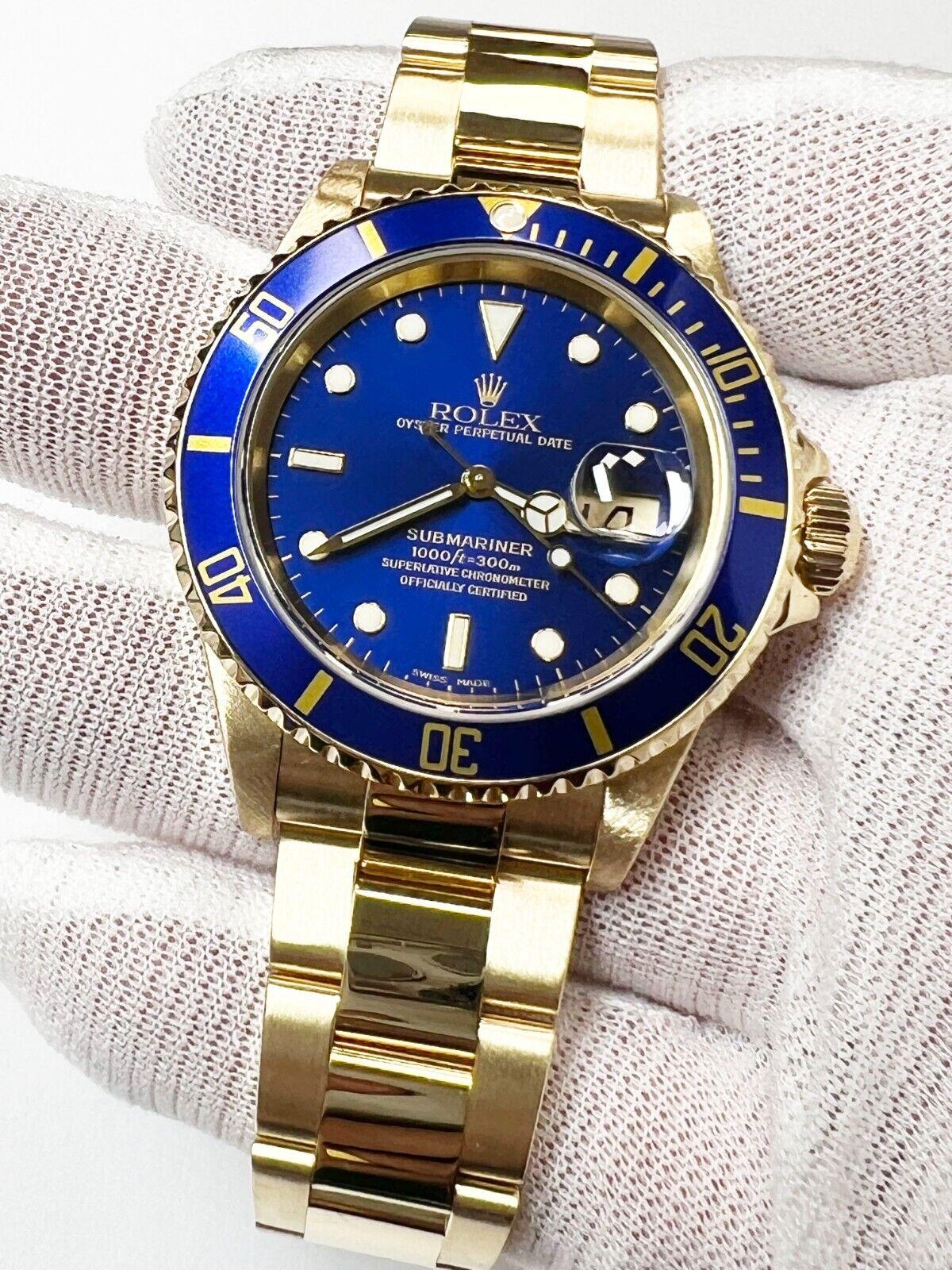 Rolex Submariner 16618 Blue Dial 18K Yellow Gold Box Paper For Sale 5