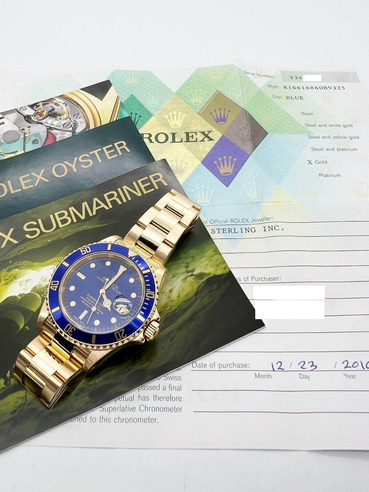 Rolex Submariner 16618 Blue Dial 18K Yellow Gold Box Paper In Excellent Condition For Sale In San Diego, CA
