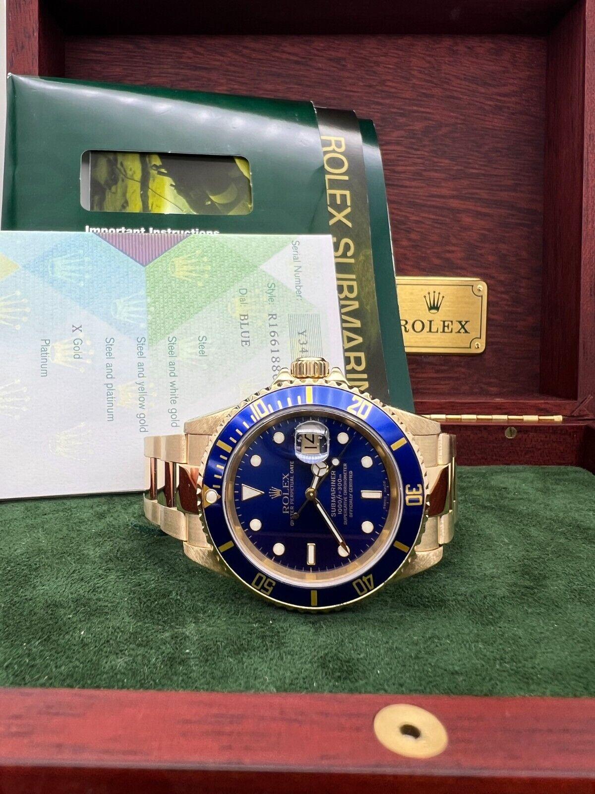 Women's or Men's Rolex Submariner 16618 Blue Dial 18K Yellow Gold Box Paper