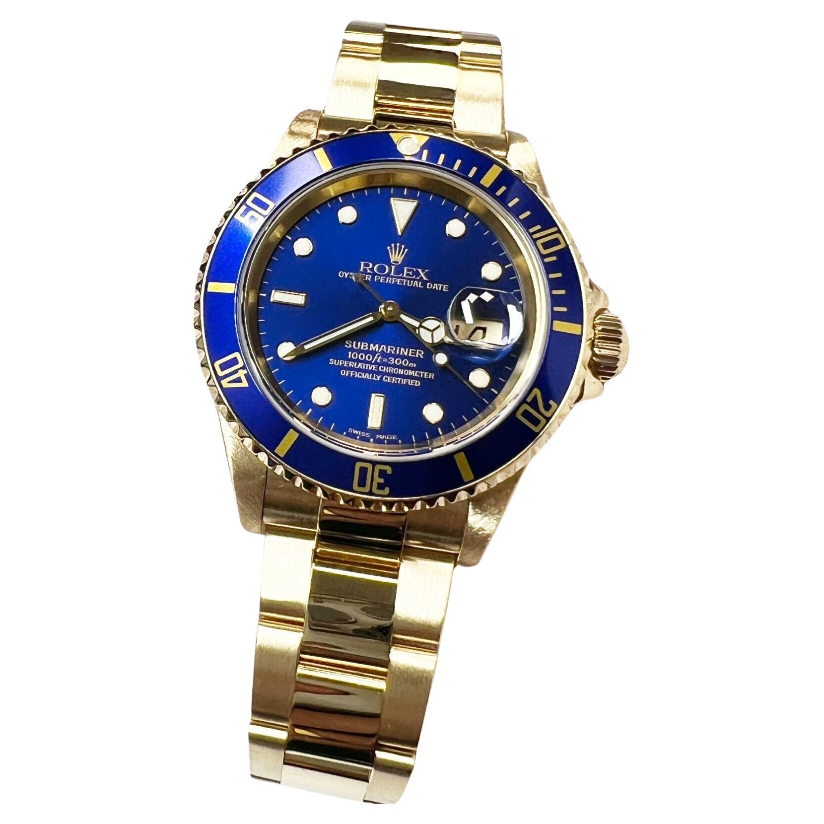 Rolex Submariner 16618 Blue Dial 18K Yellow Gold Box Paper For Sale