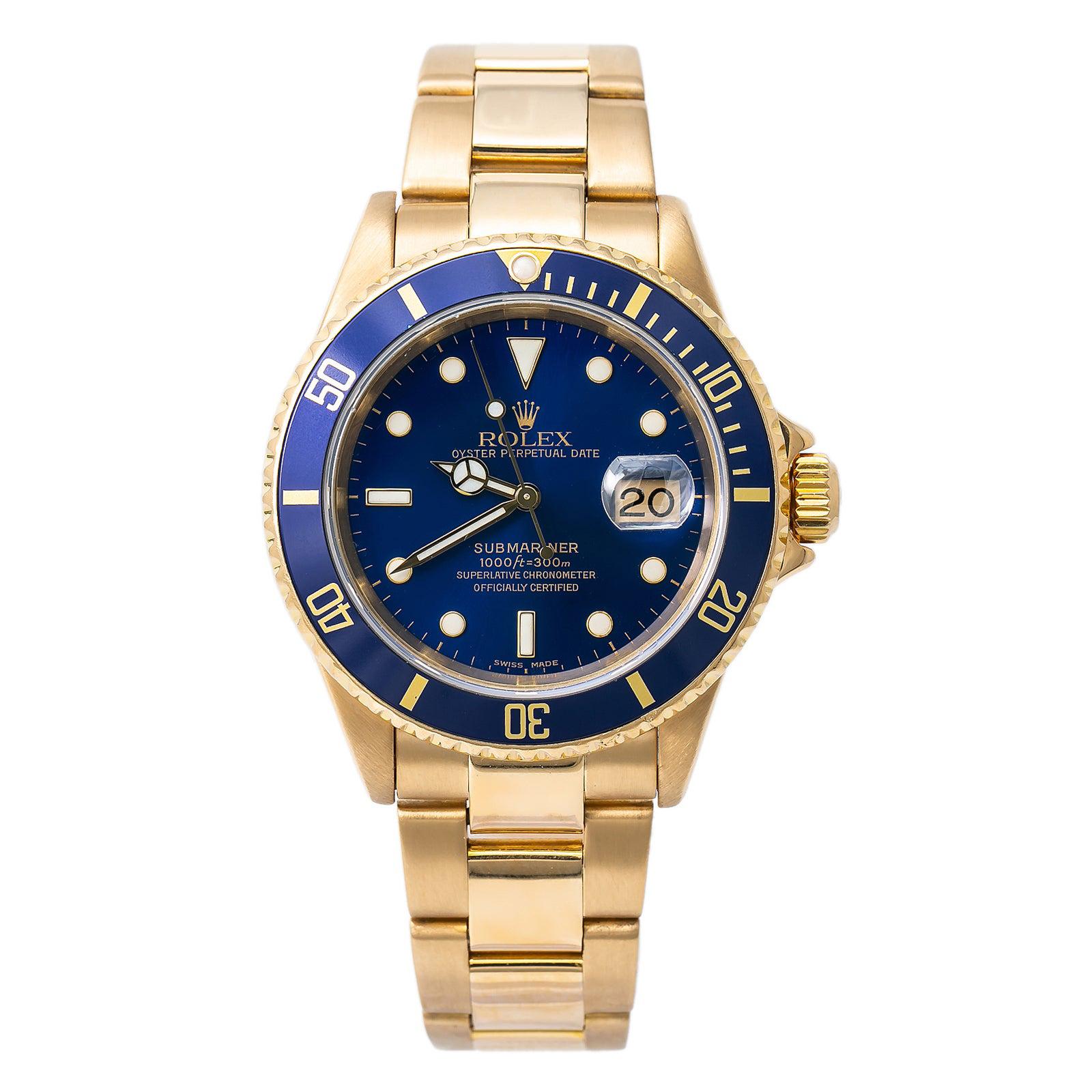 Rolex Submariner 16618 Men Automatic Watch 18k YG Blue Dial W/Papers 2003 40mm For Sale