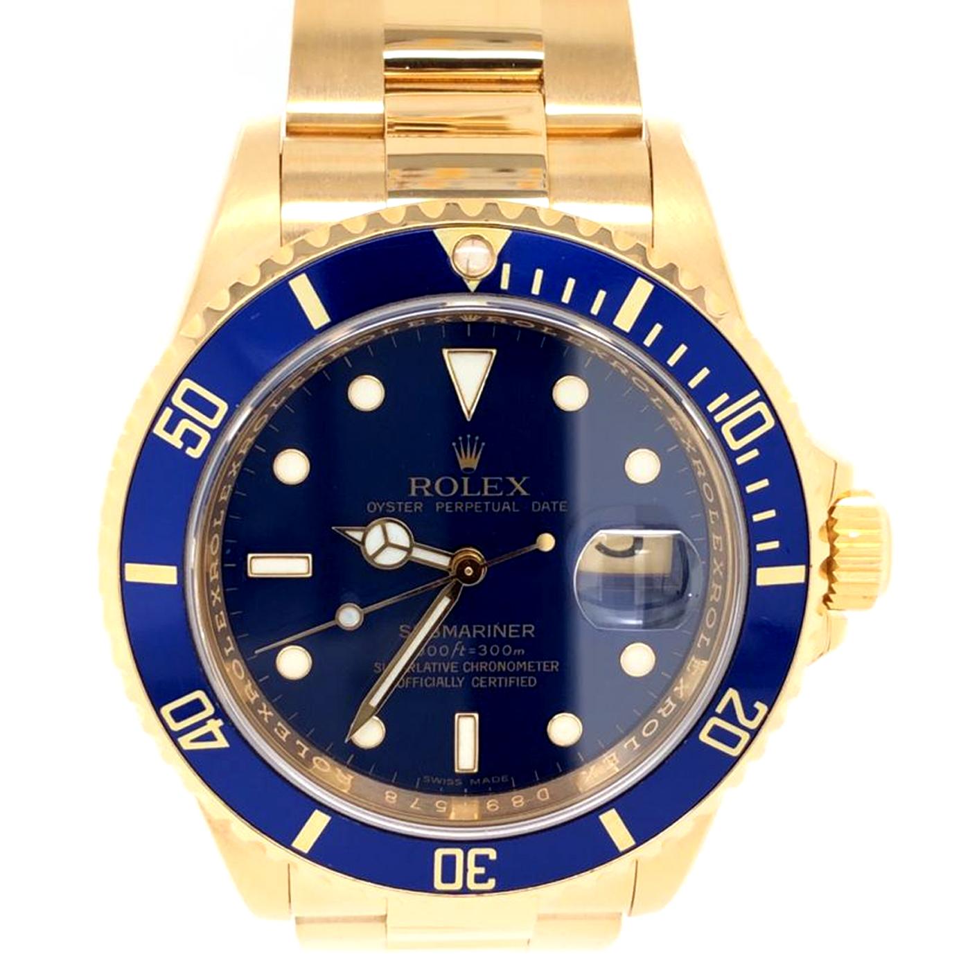 This Rolex Submariner has been polished and is in great cosmetic and mechanic condition, Blue Dial with Luminescent Hour Markers, Sweep Second Hand, Date Indicator, Quickset Movement, Rotating Drivers Bezel and Sapphire Crystal, Matching 18K yellow