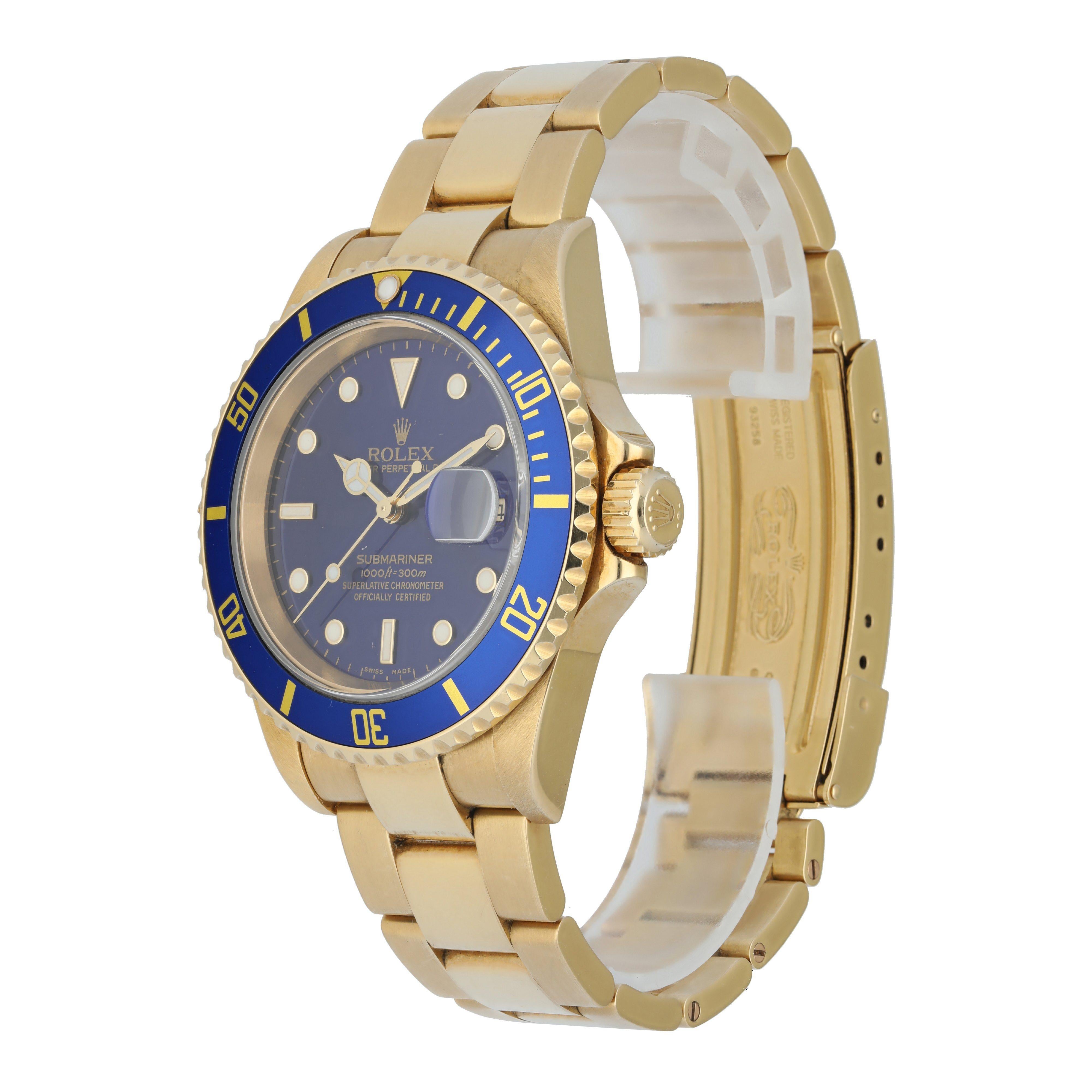 Rolex Submariner 16618T Yellow Gold Men Watch.
40mm yellow gold case with yellow gold unidirectional rotating bezel.
Blue dial with luminous gold hands and dot hour markers.
Date display at the 3 o'clock position.
Minute markers around the outer