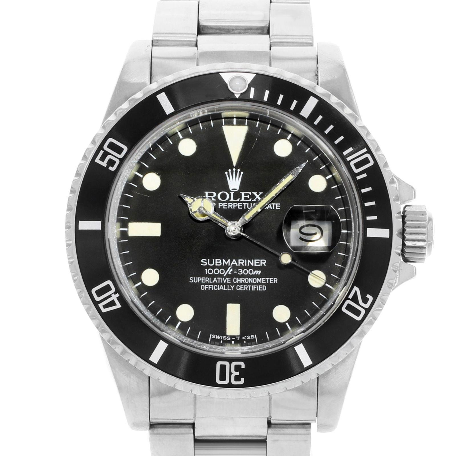 This pre-owned Rolex Submariner 16800 is a beautiful men's timepiece that is powered by an automatic movement which is cased in a stainless steel case. It has a round shape face, date dial and has hand sticks & dots style markers. It is completed