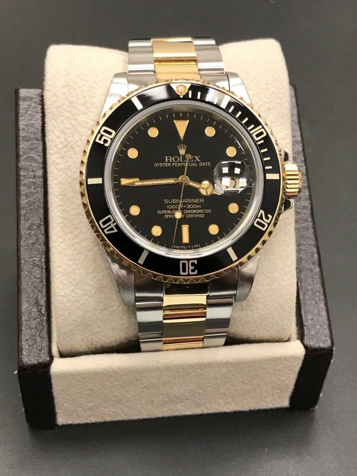 Rolex Submariner 16803 Black Dial 18 Karat Gold and Stainless Steel Rare Dial In Excellent Condition In San Diego, CA