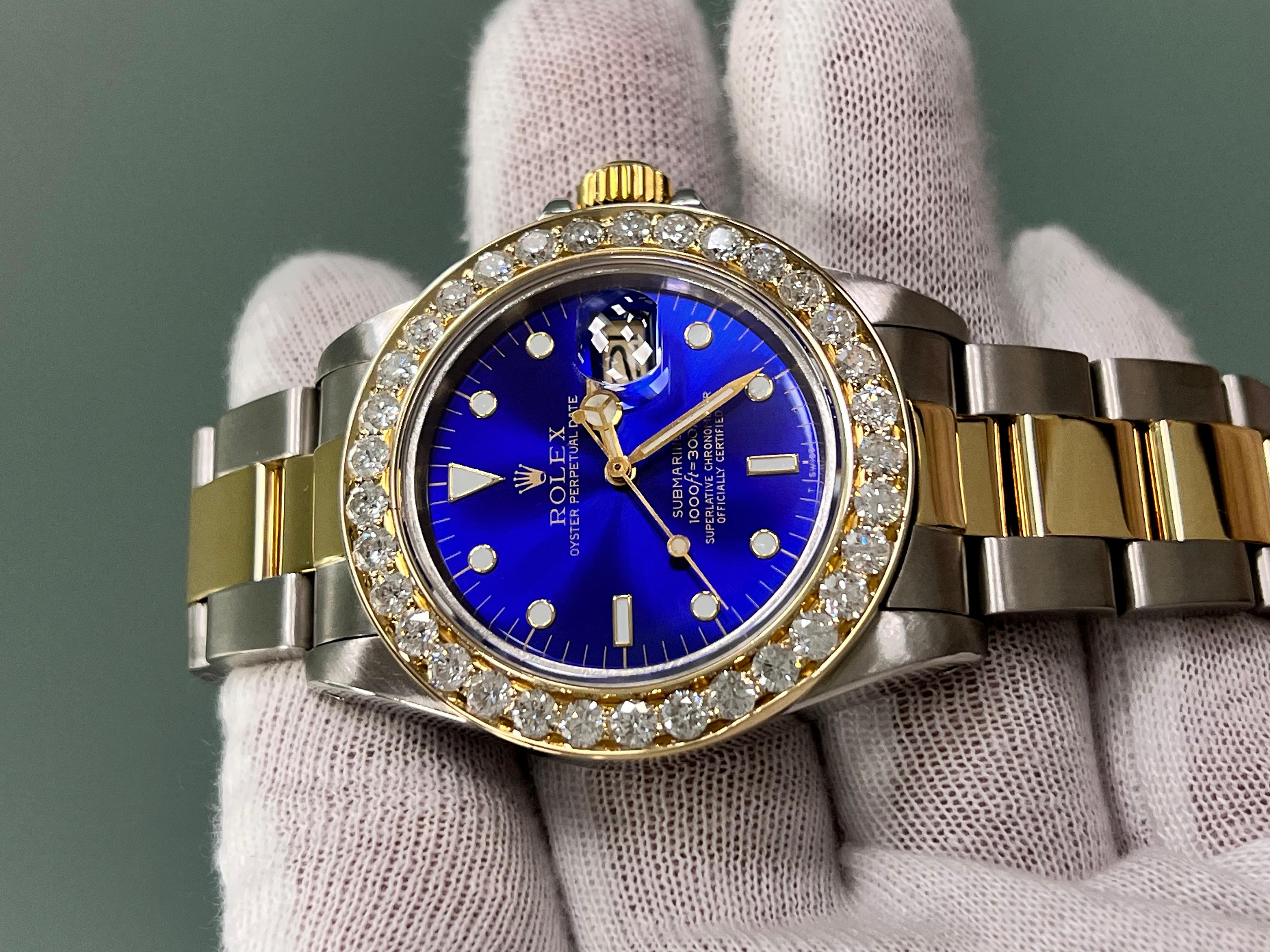 Rolex Submariner 16803 Blue Dial Diamond Bezel 18K Yellow Gold Stainless Steel In Excellent Condition In San Diego, CA