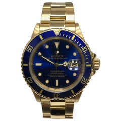 Used Rolex Submariner 16808 18 Karat Yellow Gold Blue Dial Unpolished