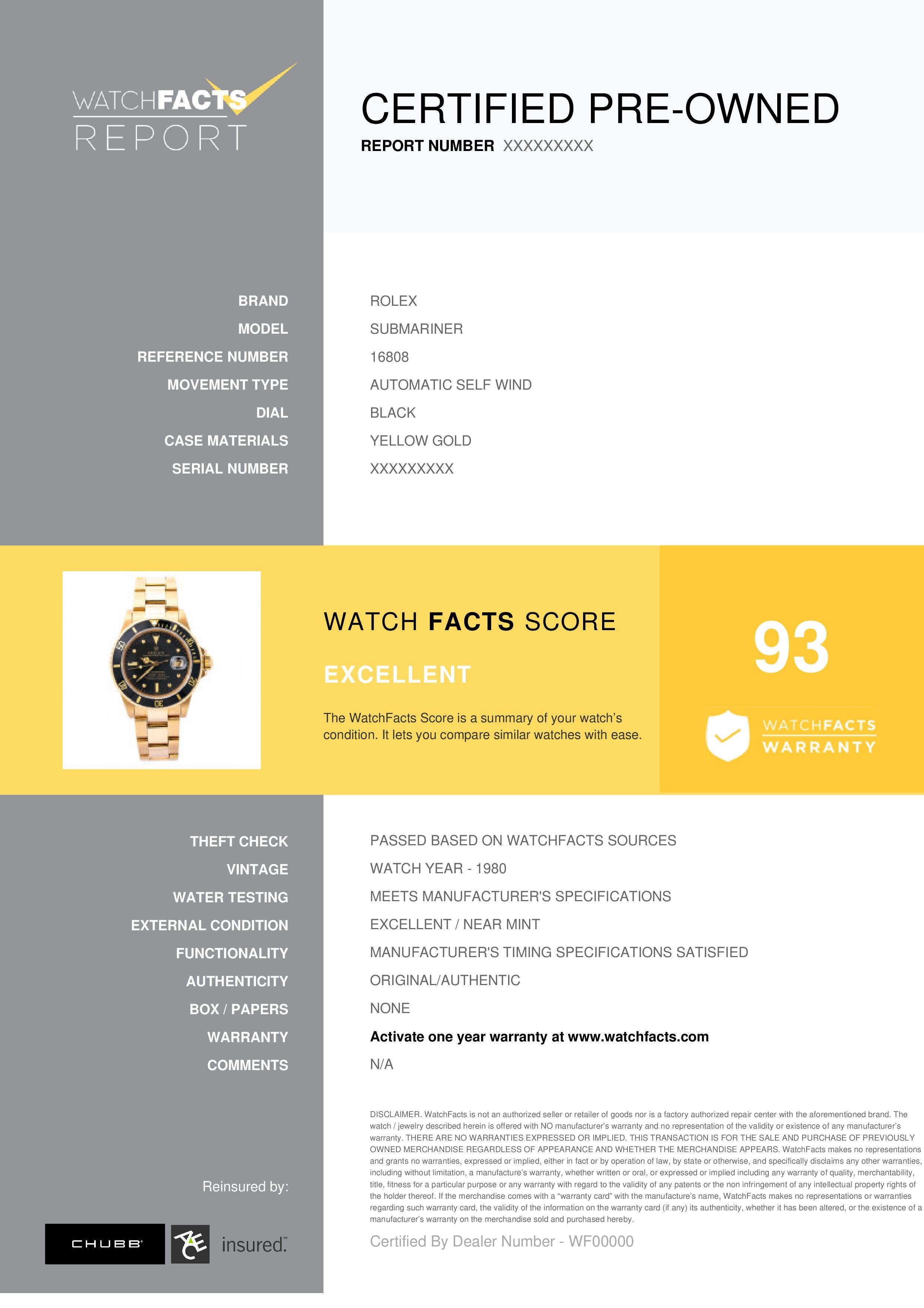 Rolex Submariner Reference #: 16808. Mens Automatic Self Wind Watch Yellow Gold Black 40 MM. Verified and Certified by WatchFacts. 1 year warranty offered by WatchFacts.
