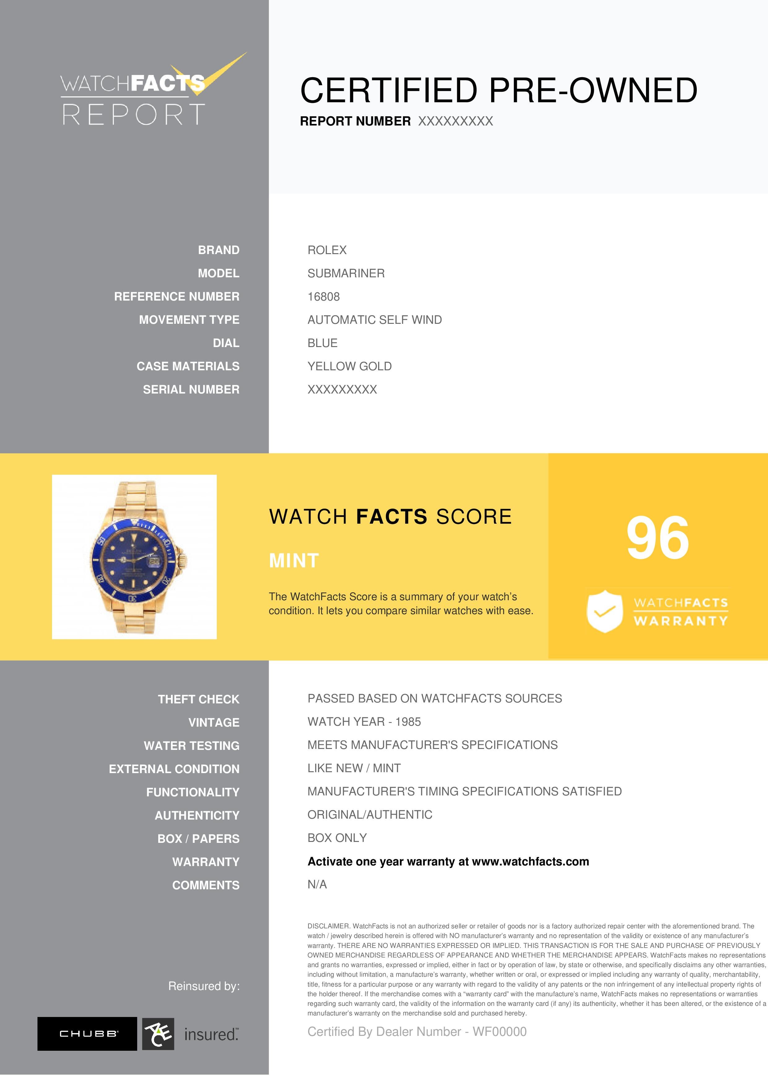 Rolex Submariner Reference #: 16808. Mens Automatic Self Wind Watch Yellow Gold Blue 40 MM. Verified and Certified by WatchFacts. 1 year warranty offered by WatchFacts.
