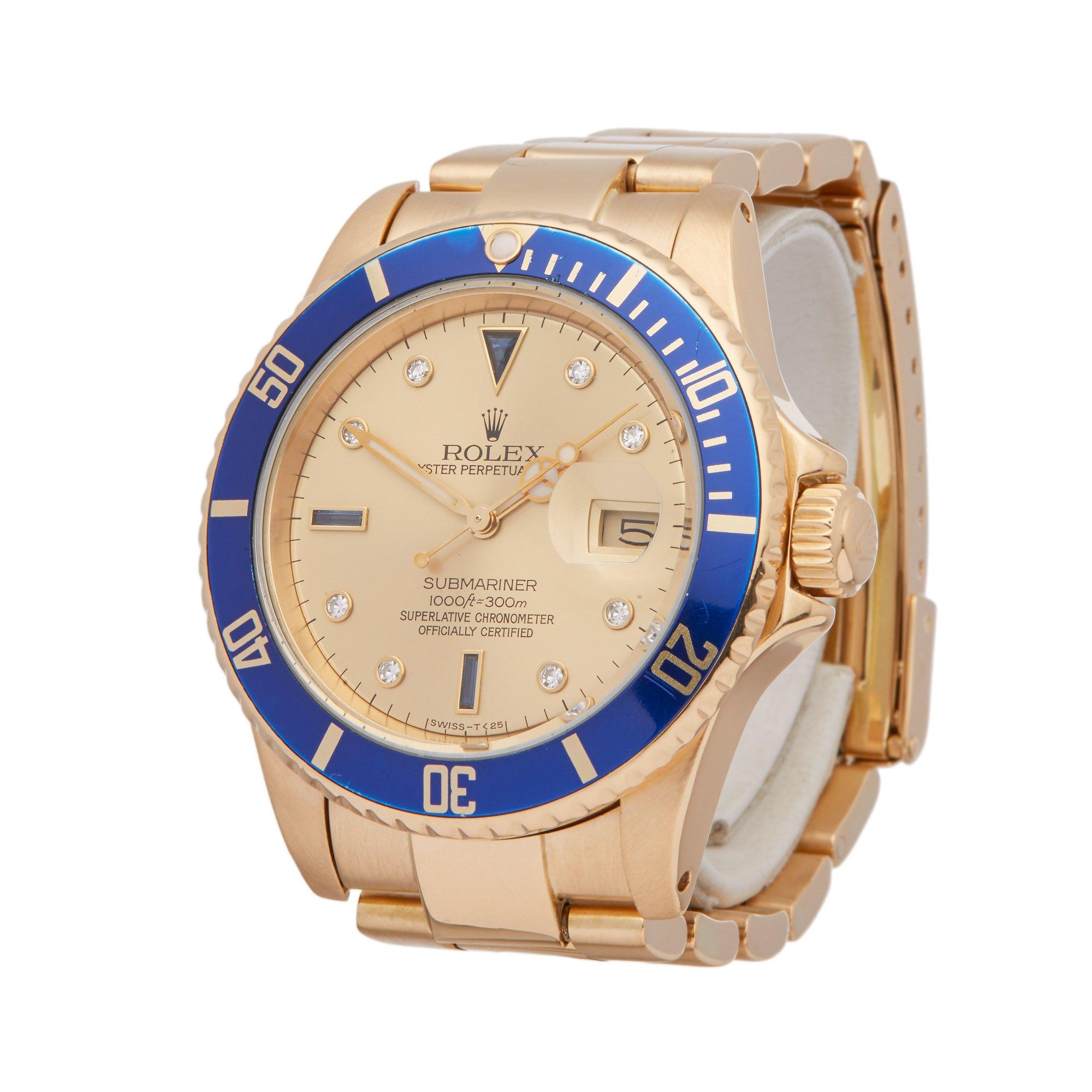 Xupes Reference: W007183
Manufacturer: Rolex
Model: Submariner
Model Variant: 
Model Number: 16808
Age: 1984
Gender: Men
Complete With: Rolex Box 
Dial: Gold Serti
Glass: Sapphire Crystal
Case Size: 40mm
Case Material: Yellow Gold
Strap Material: