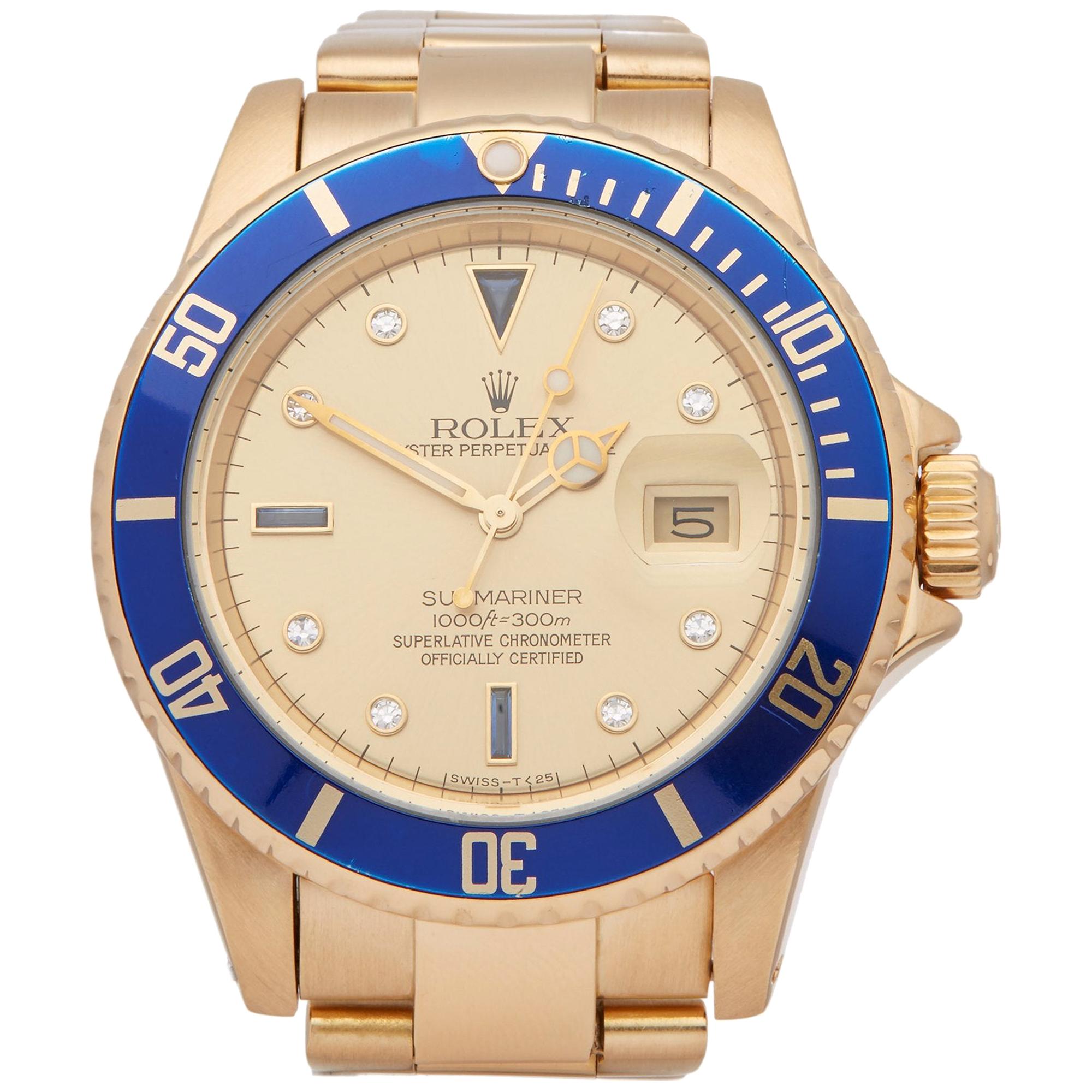 Rolex Submariner 16808 Men's Yellow Gold Serti Diamond Watch