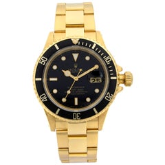 Retro Rolex Submariner 18 Karat Yellow Gold Black Dial Automatic Men’s Watch 16618