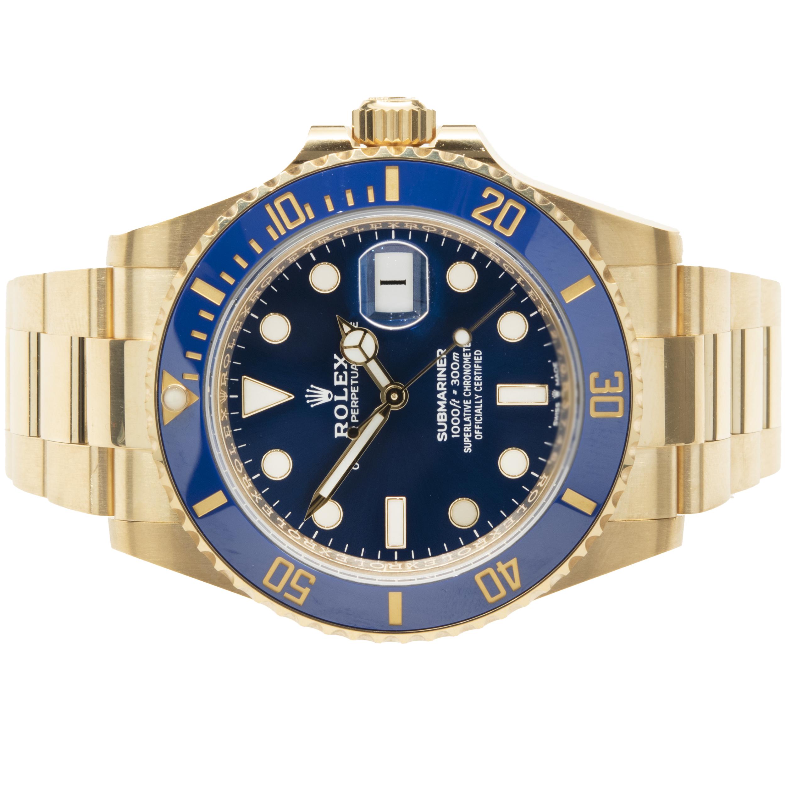 Movement: automatic
Function: hours, minutes, seconds, date
Case: round 41mm 18K yellow gold case with blue ceramic & 18k yellow gold diving bezel, sapphire protective crystal, screw-down crown, water resistant to 300 meters
Band: 18k yellow gold