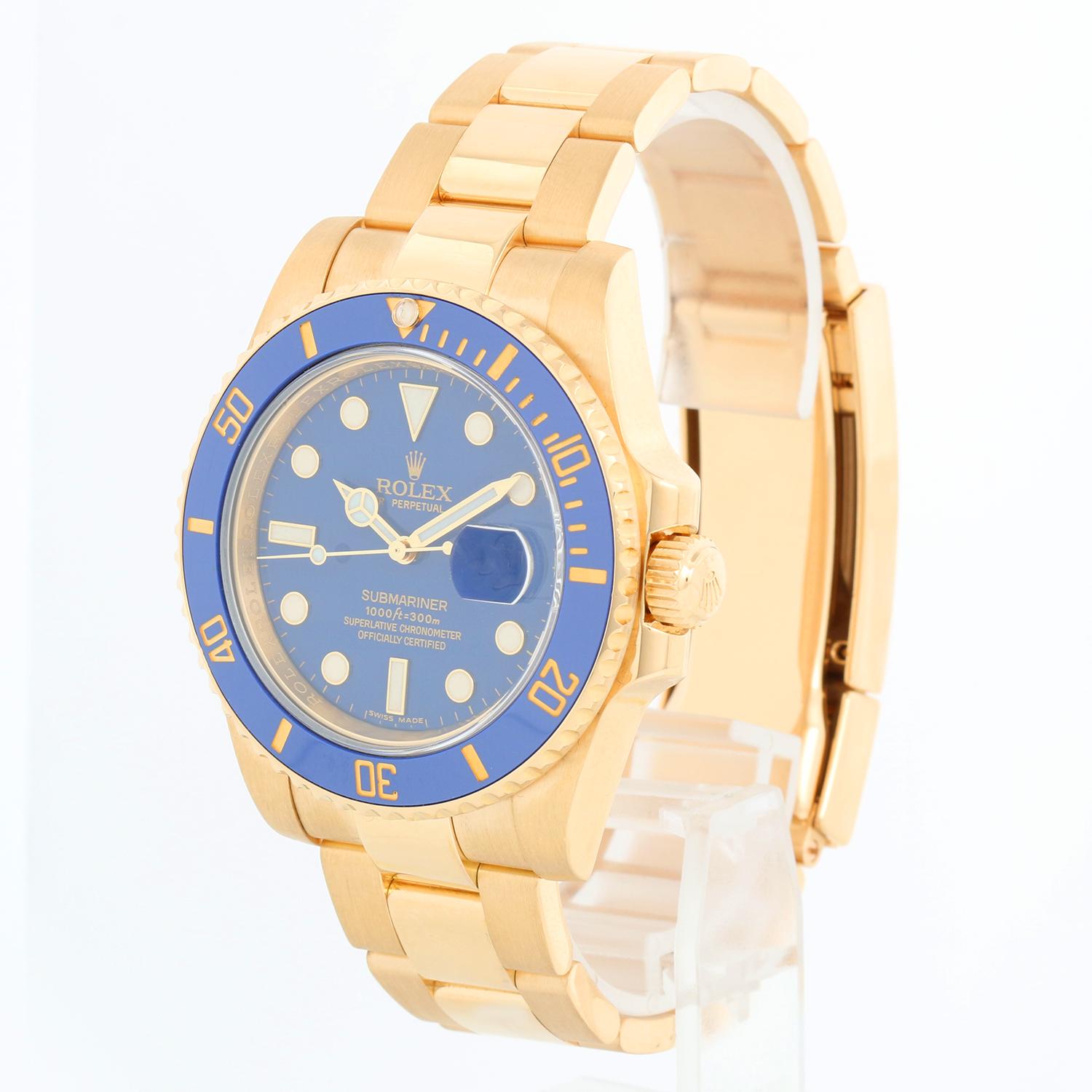 Rolex Submariner 18k Gold Men's Watch 116618 Blue Dial - Automatic winding, 31 jewels, Quickset, sapphire crystal. 18k yellow gold case with rotating bezel with blue insert (40mm diameter) ; Inner bezel engraving. Blue  dial. 18k yellow gold Oyster