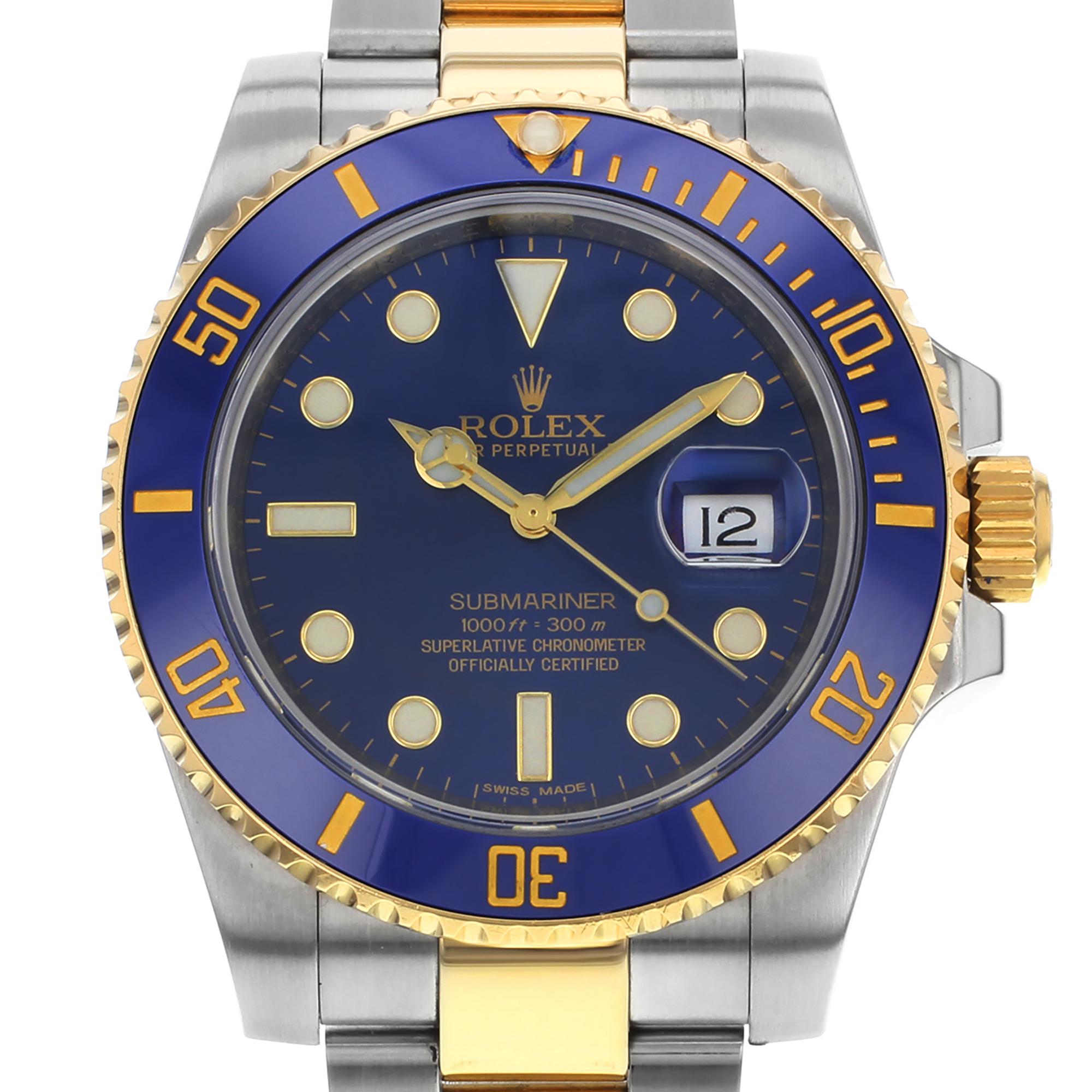 2020  White card. Pre-owned Rolex Submariner 18k Gold Steel Ceramic Blue Dial Automatic Men's Watch 116613LB. This Beautiful Timepiece Features: Stainless Steel Case and Oyster Bracelet with 18k Gold Center Links, Uni-Directional Rotating Coin Edge