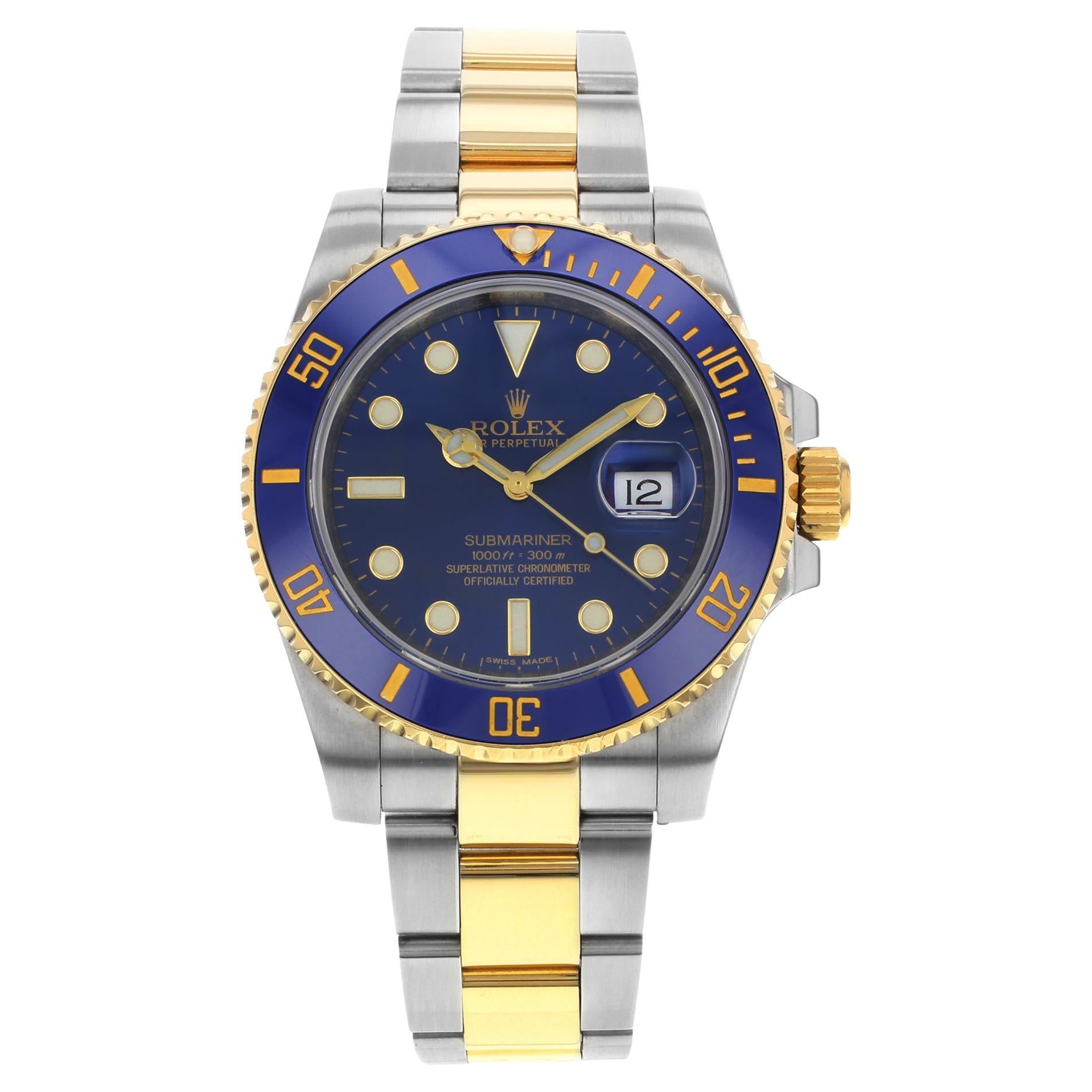 Rolex Submariner 18k Gold Steel Ceramic Blue Dial Automatic Mens Watch 116613LB en vente