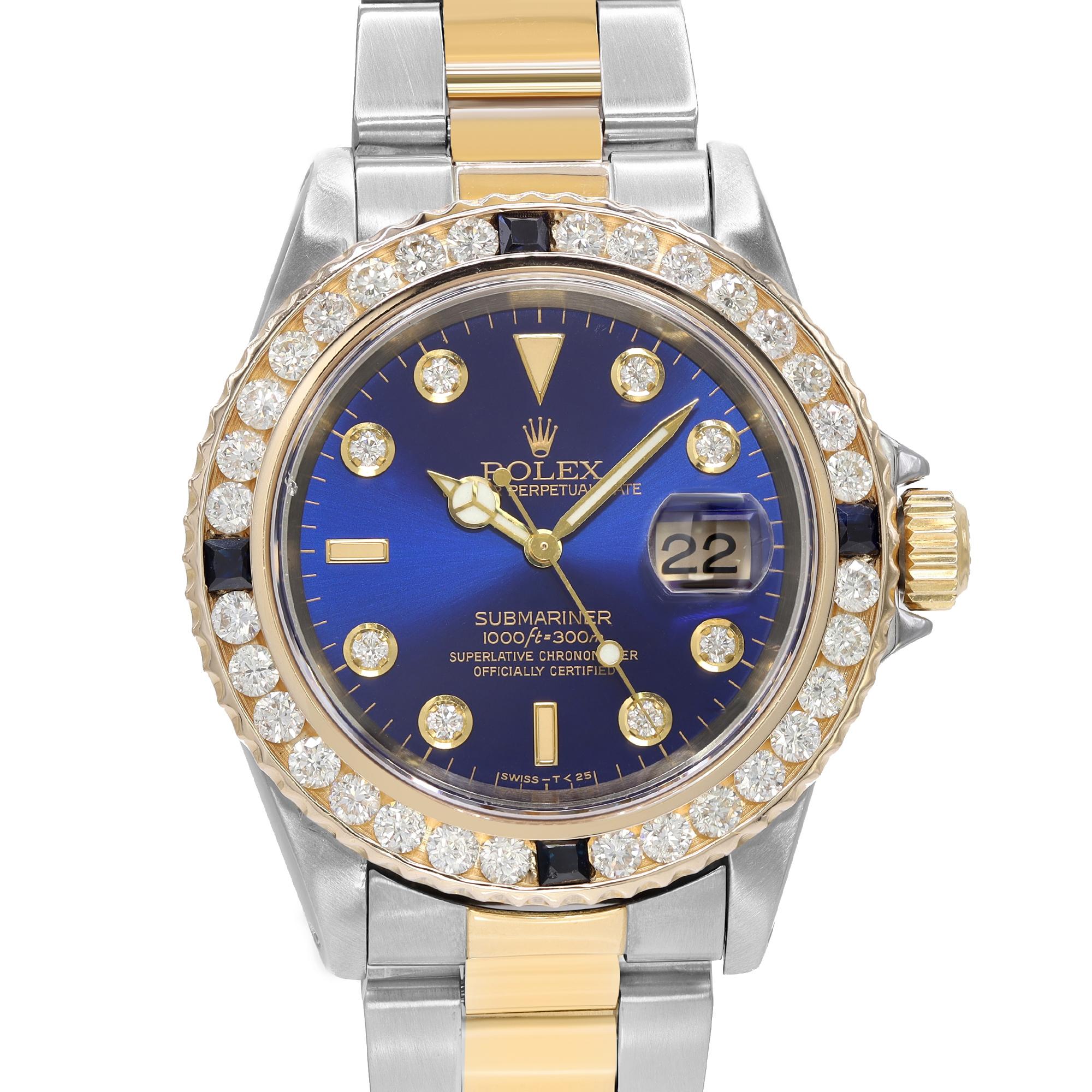 Pre-owned Rolex Submariner Blue Dial 18k Gold Steel Custom Diamond Bezel and Custom Diamond Blue Dial Automatic Mens Watch 16613. This watch was produced in 1999. After Market Bezel and Aftermarket Dial. Approx 3 CTTW Diamonds . 4 Blue Sapphire on