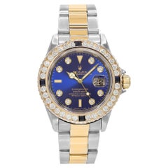 Rolex Submariner 18k Gold Steel Custom Diamond Bezel Blue Dial Men Watch 16613