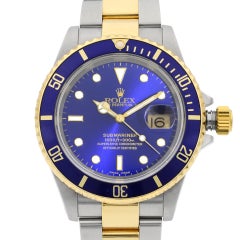 Rolex Submariner 18k Gold Steel Holes Blue Dial Automatic Mens Watch 16613
