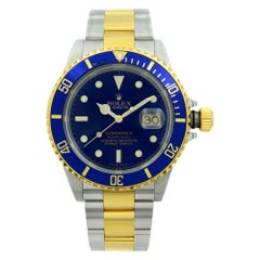 Rolex Submariner 18K Gold Steel No Holes Blue Dial Automatic Men's Watch 16613