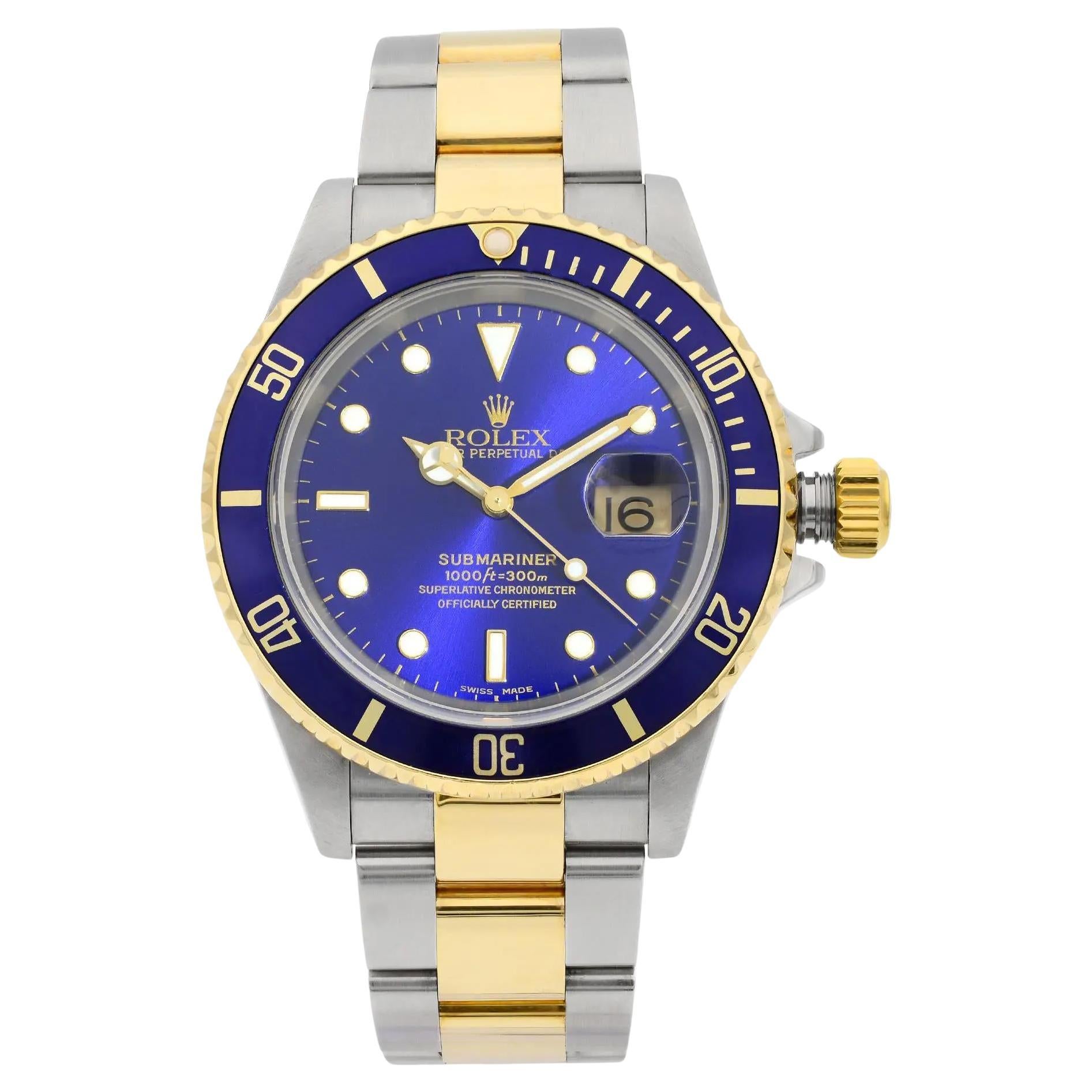 Rolex Submariner 18K Gold Steel No Holes Blue Dial Automatic Mens Watch 16613 For Sale
