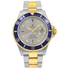 Rolex Submariner 18K Gold Steel No Holes Gray Serti Diamond Dial Watch 16613T
