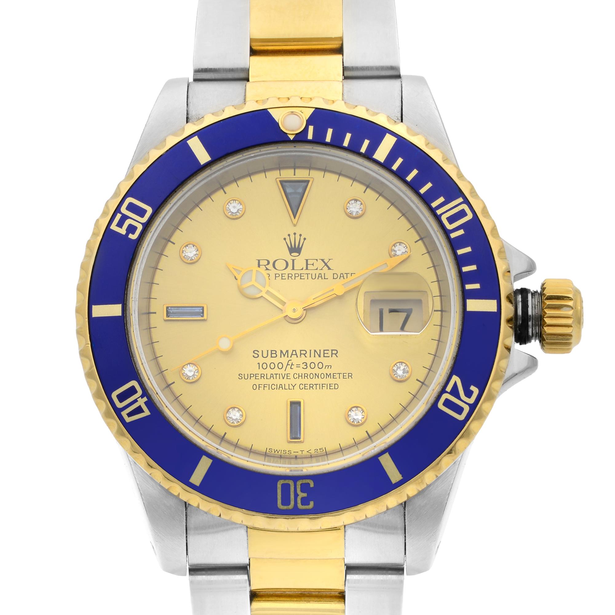 This pre-owned Rolex Submariner 16613 is a beautiful men's timepiece that is powered by mechanical (automatic) movement which is cased in a stainless steel case. It has a round shape face, date indicator dial and has hand sticks & dots style