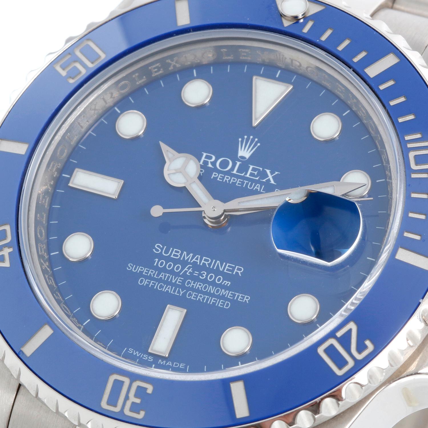 Rolex Submariner 18k White Gold Men's Watch 116619 LB (or 116619LB) - Automatic winding, 31 jewel, sapphire crystal, pressure-proof to 1,000 feet, date. 18k white gold case with blue Cerachrom bezel. Blue dial with luminous style markers. 18k white