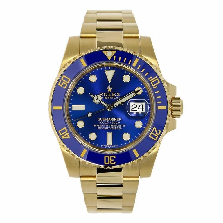 Rolex Submariner 18 Karat Yellow Gold Blue Ceramic Bezel Watch 116618 ...