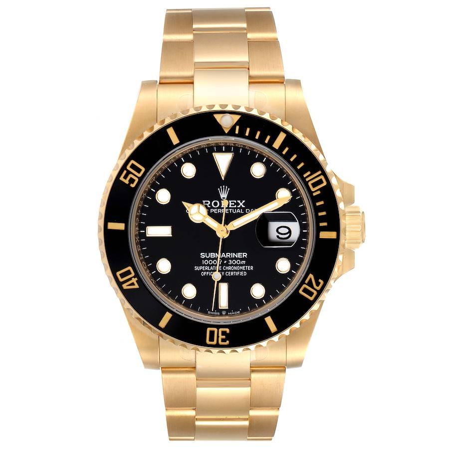 Rolex Submariner 18k Yellow Gold Black Dial Bezel Mens Watch 126618 Unworn. Officially certified chronometer self-winding movement. 18k yellow gold case 41.0 mm in diameter. Rolex logo on a crown. Black insert special time-lapse unidirectional