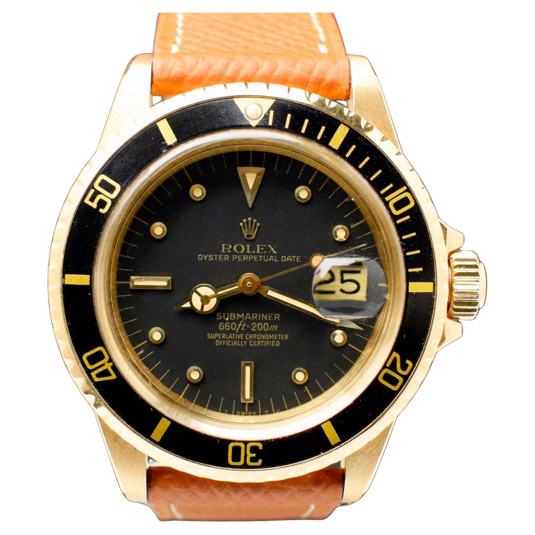 Rolex Submariner 18K Yellow Gold Black Nipple Dial 1680 Automatic Watch, 1978