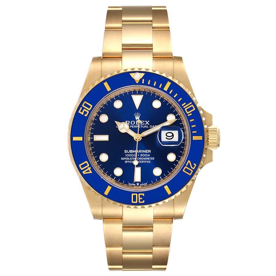 Rolex Submariner 18k Yellow Gold Blue Dial Bezel Mens Watch 126618 Box Card. Officially certified chronometer self-winding movement. 18k yellow gold case 41.0 mm in diameter. Rolex logo on a crown. Blue insert special time-lapse unidirectional