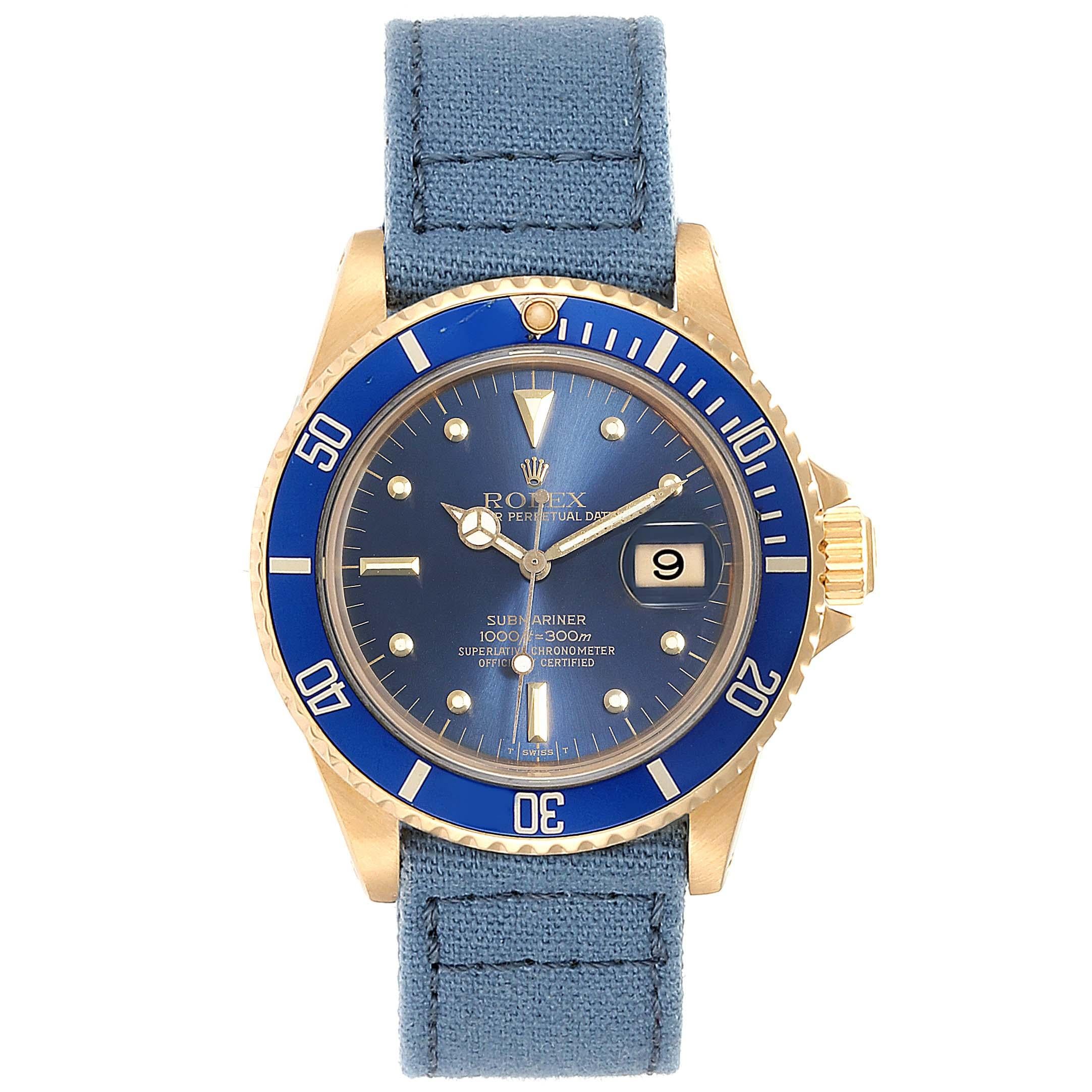 Rolex Submariner 18K Yellow Gold Blue Dial Mens Watch 16808. Officially certified chronometer self-winding movement. 18K yellow gold case 40.0 mm in diameter. Rolex logo on a crown. Original 18k yellow gold bidirectional rotating bezel with a
